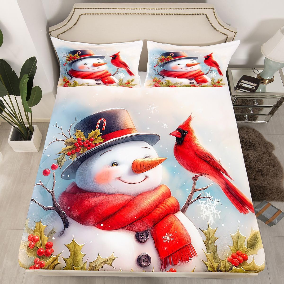 Red Cardinal Bed Sheets for Wife Women Men, Cartoon Snowman Fitted Sheet Cute Wild Animals Bird Sheets Full, Red Berries All Season Holly Leaves Bed Set, Room Decor Aesthetic