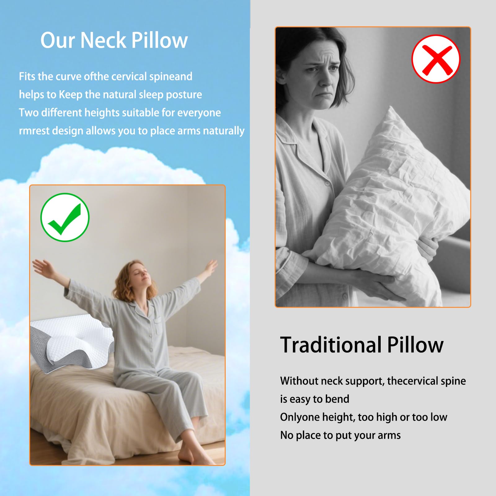 Cuscini Cervicali per Dormire, 2 in 1 Cuscino in Memory Foam per Dolore alla Spalla, Oreiller Cervical Ergonomique, pour Dormir sur Le Côté, Le Dos et Le Ventre (Grigio)