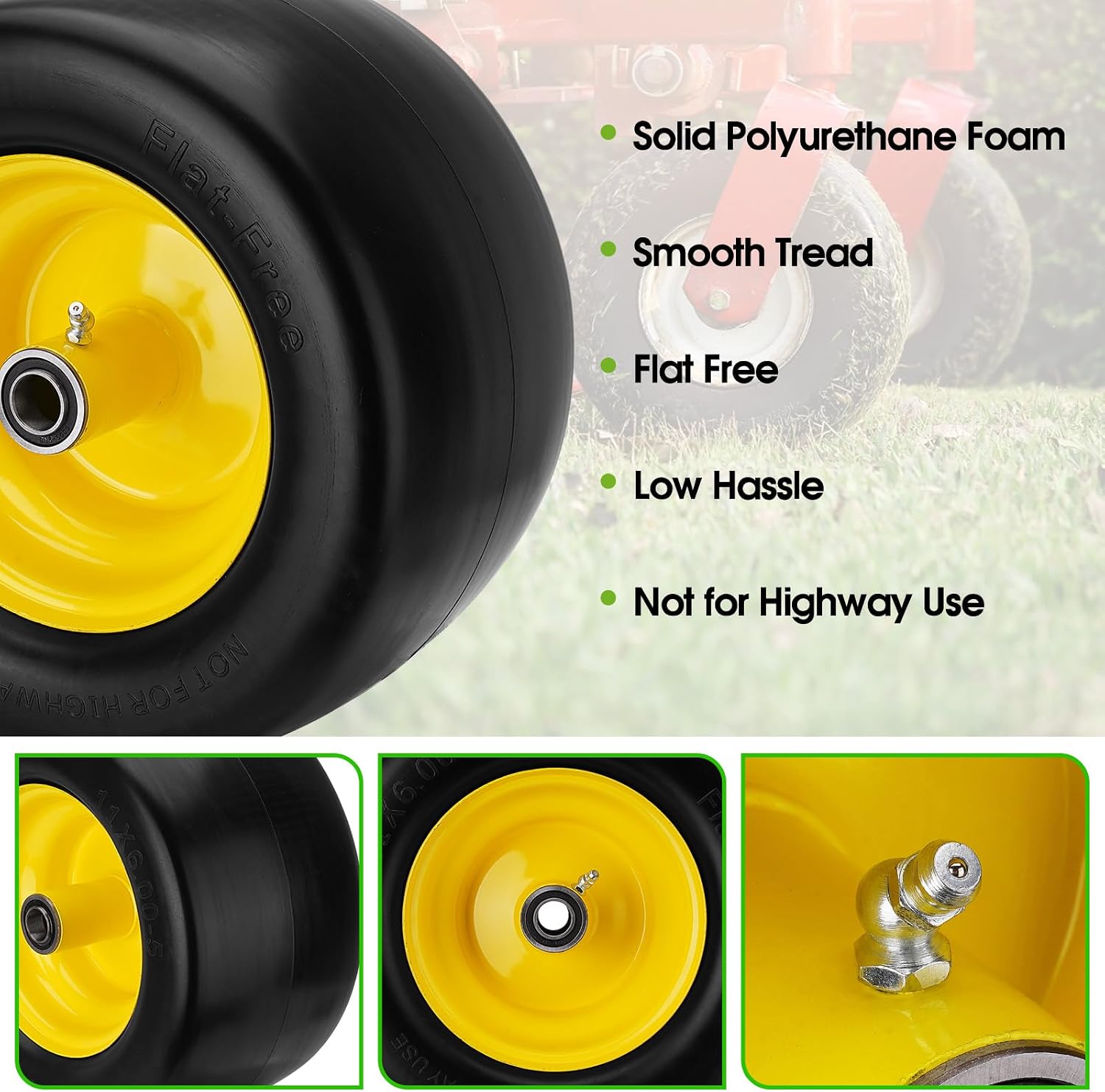 2PCS 11x6.00-5 Flat Free Tire and Wheel with 1/2" & 3/4" & 5/8" Precision Bearings and 5.8"-10.4" Centered Hub, Yellow Front Zero-Turn Smooth Tire Replacement for Riding Lawn Mowers Garden Tractor