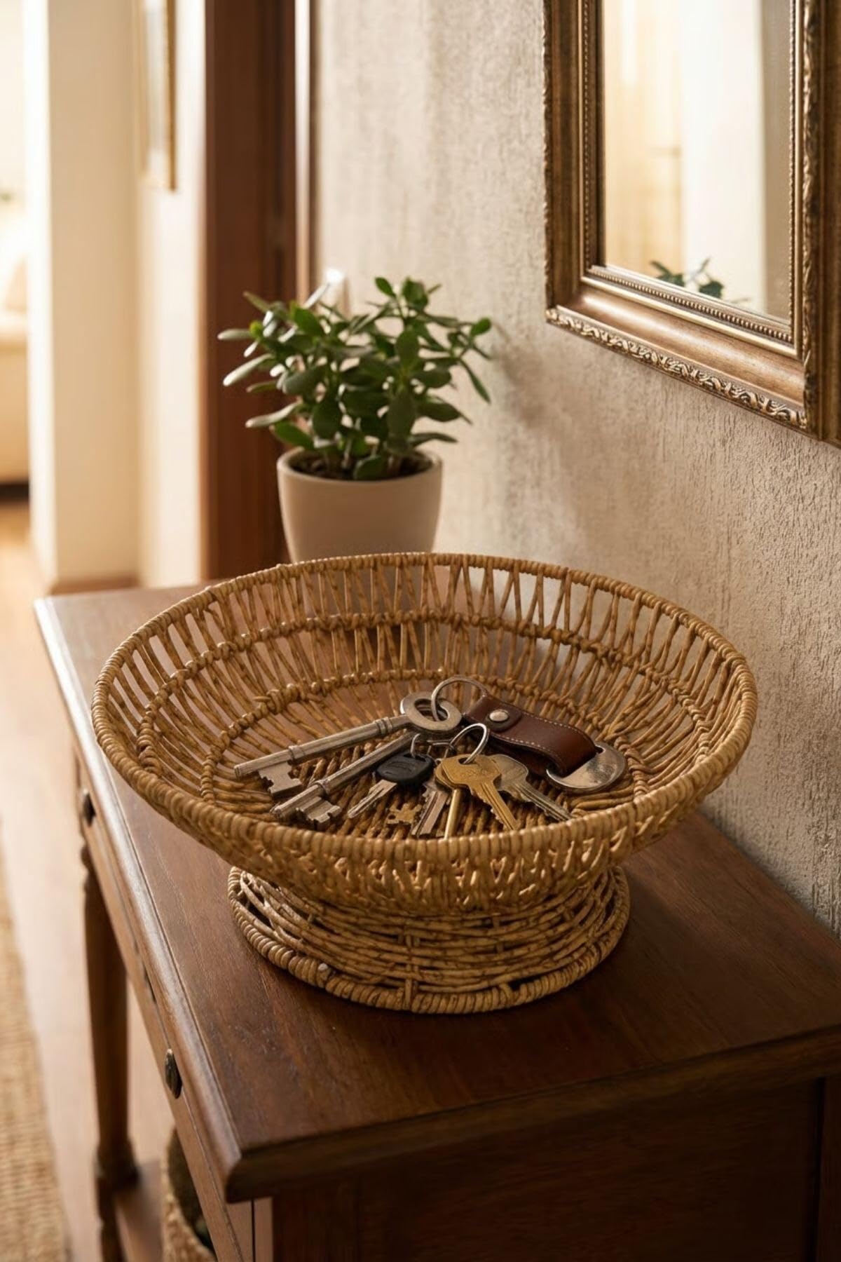 Buffer 28 cm Plastik Rattan Servis Çanağı, Doğal Hasır Görünümlü, Yuvarlak, İç İçe Geçebilen, 3 Parça Set