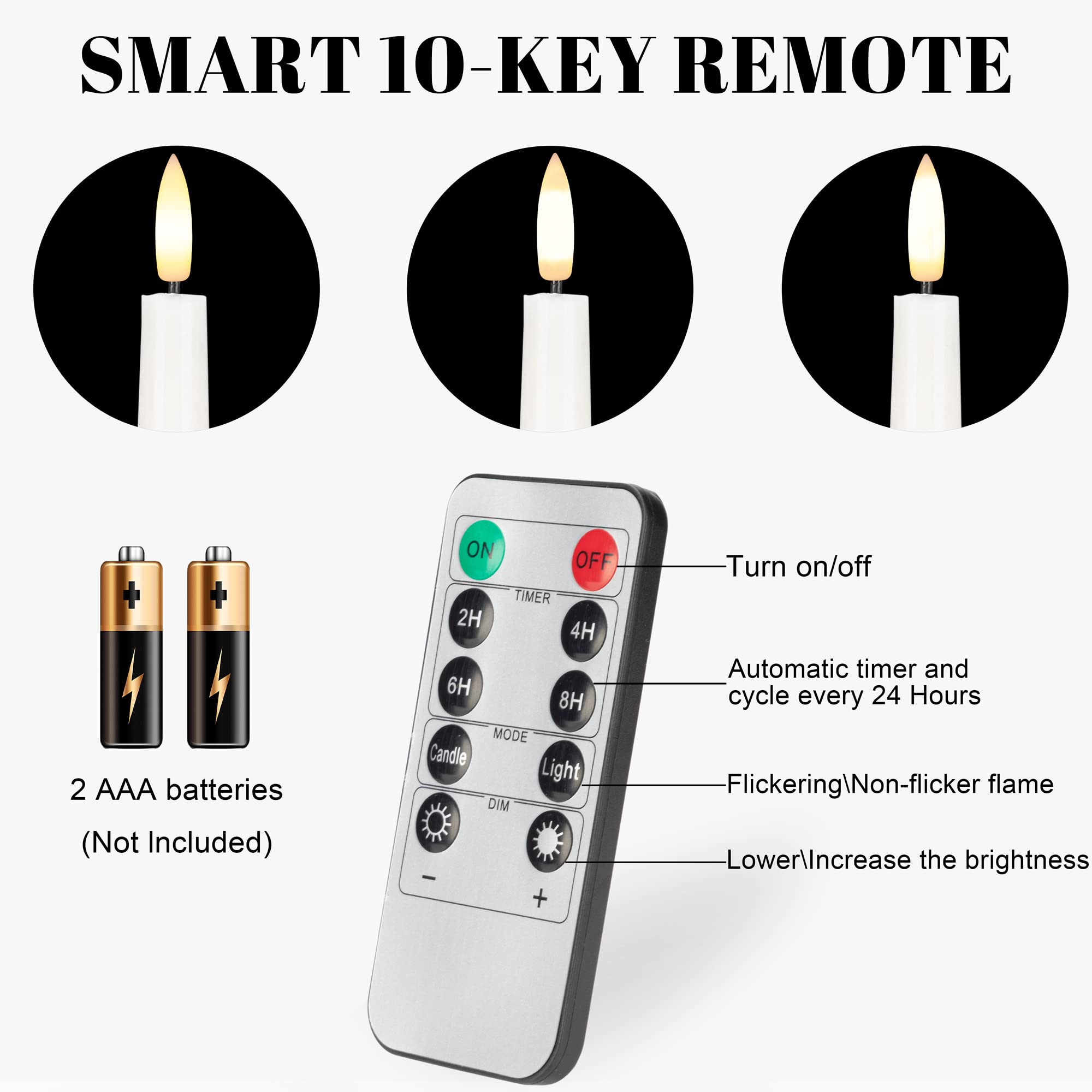 Candele coniche senza fiamma con stoppino 3D, candele LED in vera cera da 29 cm, con telecomando e timer, confezione da 3 candele tremolanti a batteria (bianco)