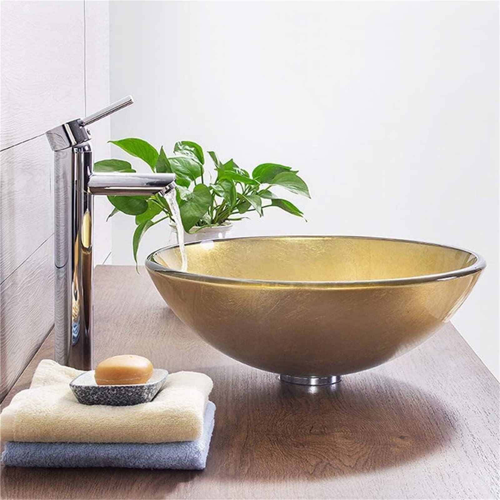 Umywalka Łazienkowa Ceramiczna, Umywalka Łazienkowa Nablatowa, Umywalka Okrągła 420 Mm, Szkło Złote, Umywalka Nablatowa,B