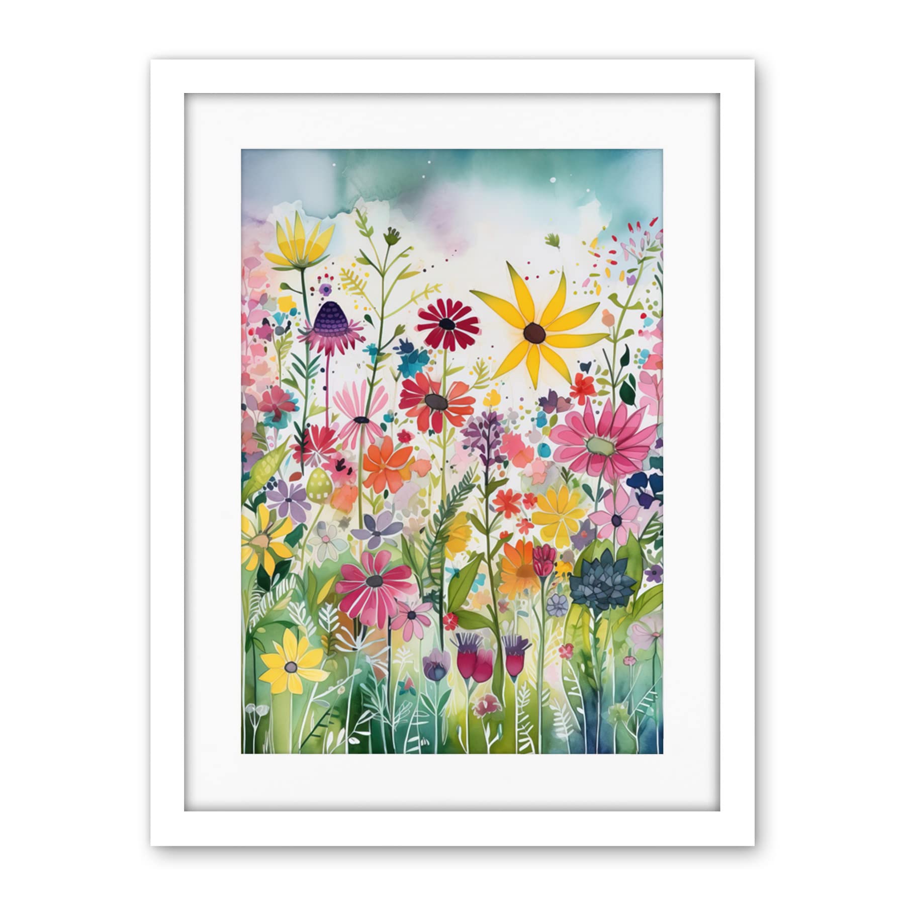Artery8 Bright Wildflower Floral Blooms Folk Art Artwork Framed Wall Art Print 18X24 Inch