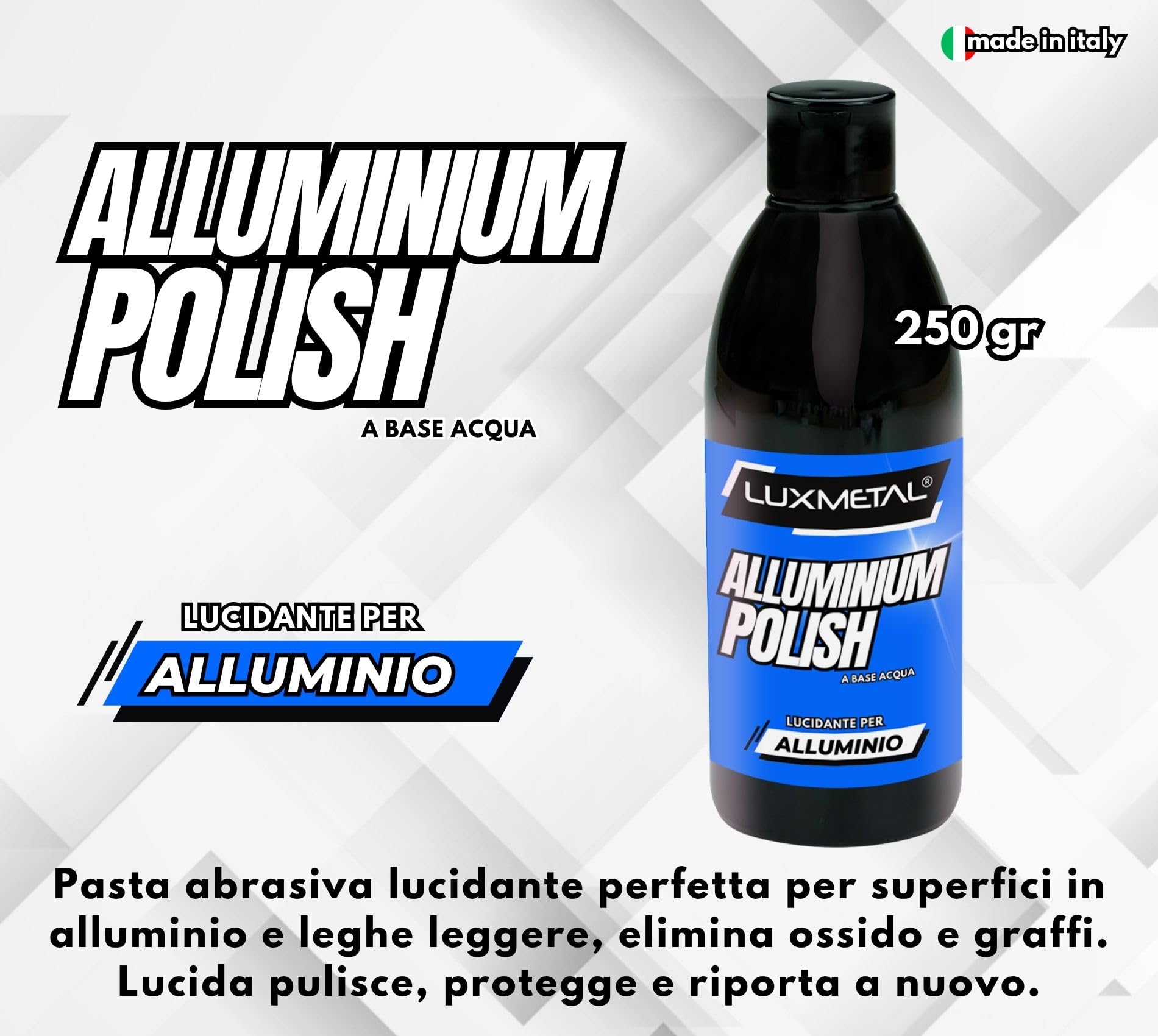 Polish Lux Metal Kit de Polissage Aluminium 250g : Pâte Abrasive Élimine Rayures et Oxydation + Tampon Boule Moyenne pour Voiture, Moto, Bateau, Jantes, Vélo - Brillance et Protection Durable