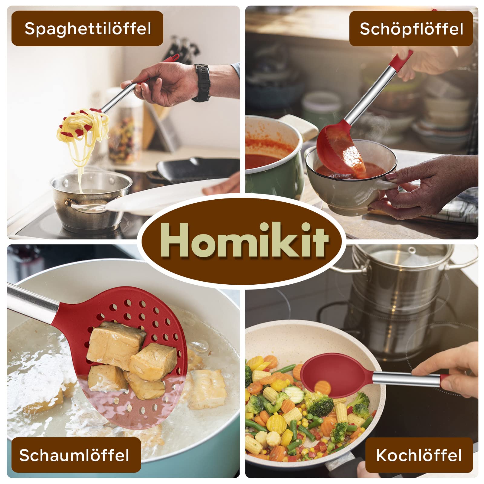 Homikit Zestaw silikonowych przyborów kuchennych, 10-częściowy zestaw przyborów kuchennych z uchwytem ze stali nierdzewnej, zestaw nieprzywierających, odpornych na wysokie temperatury naczyń