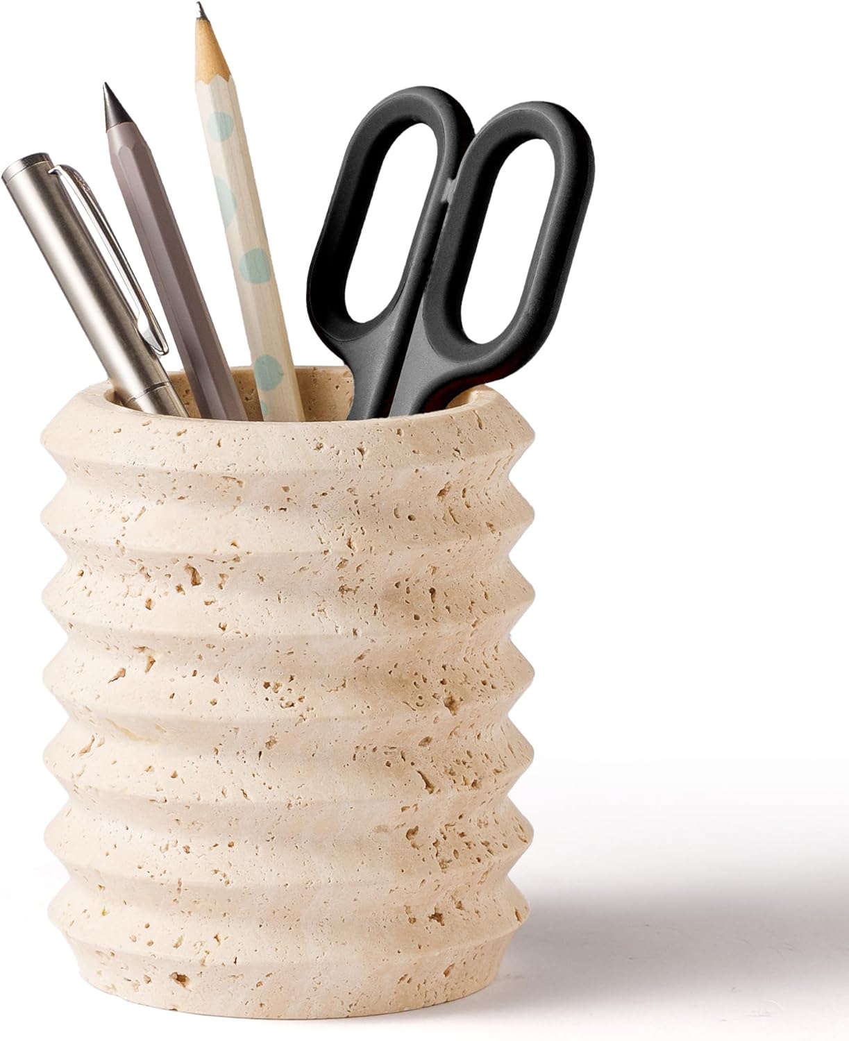 WORHE Pen Holder Stand for Desk, Natural Travertine Stone Makeup Brush Holders, Modern and Functional Pencil Cup for Office Supplies Tableware Organizer for Home Decor School Beige (PH90110)