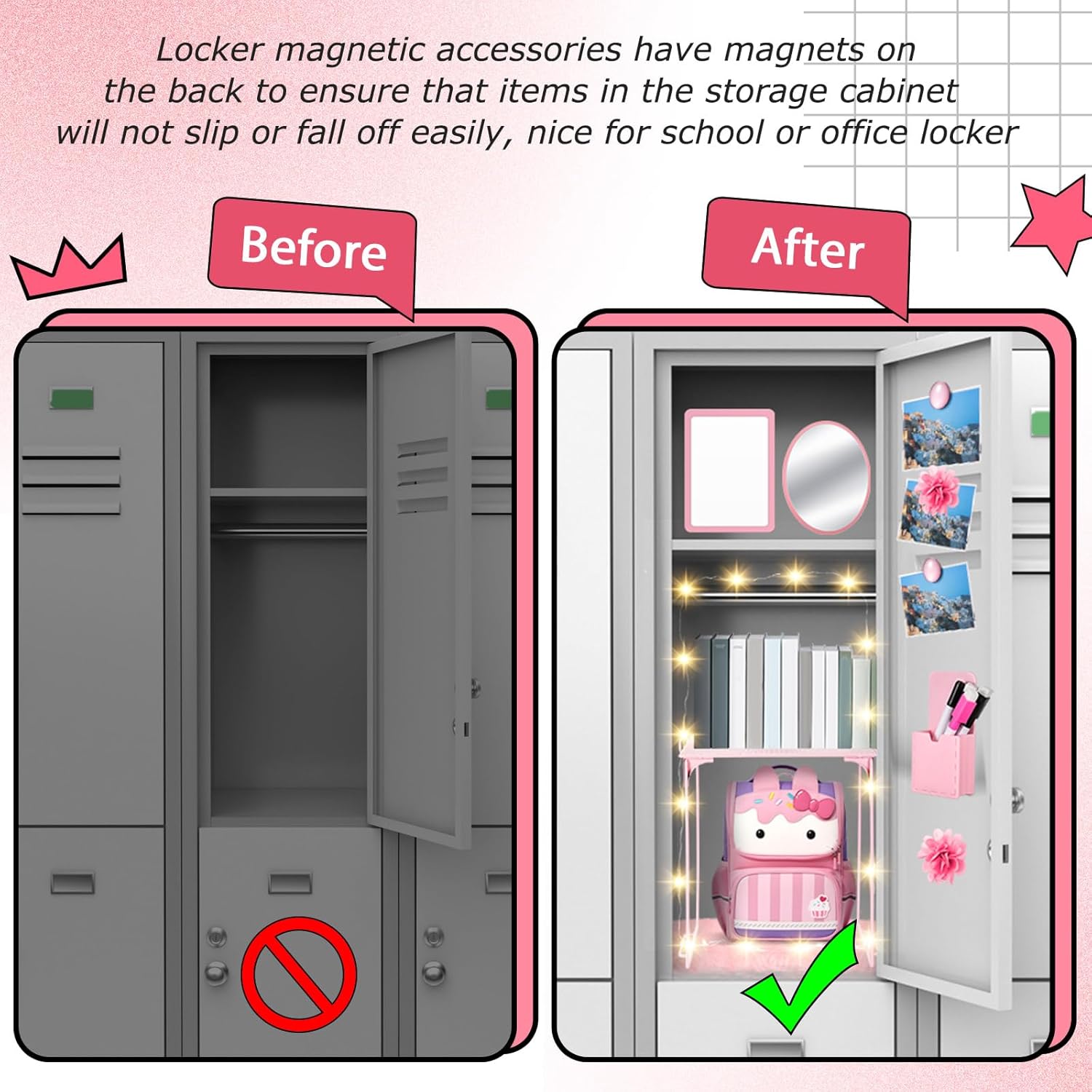 Patelai 11 Pcs Locker Accessories Kit Included Locker Shelf Magnetic Mirror Pen Holder Whiteboard Marker Faux Fur Rug Light String and Magnet for Back to School Essentials(Pink)