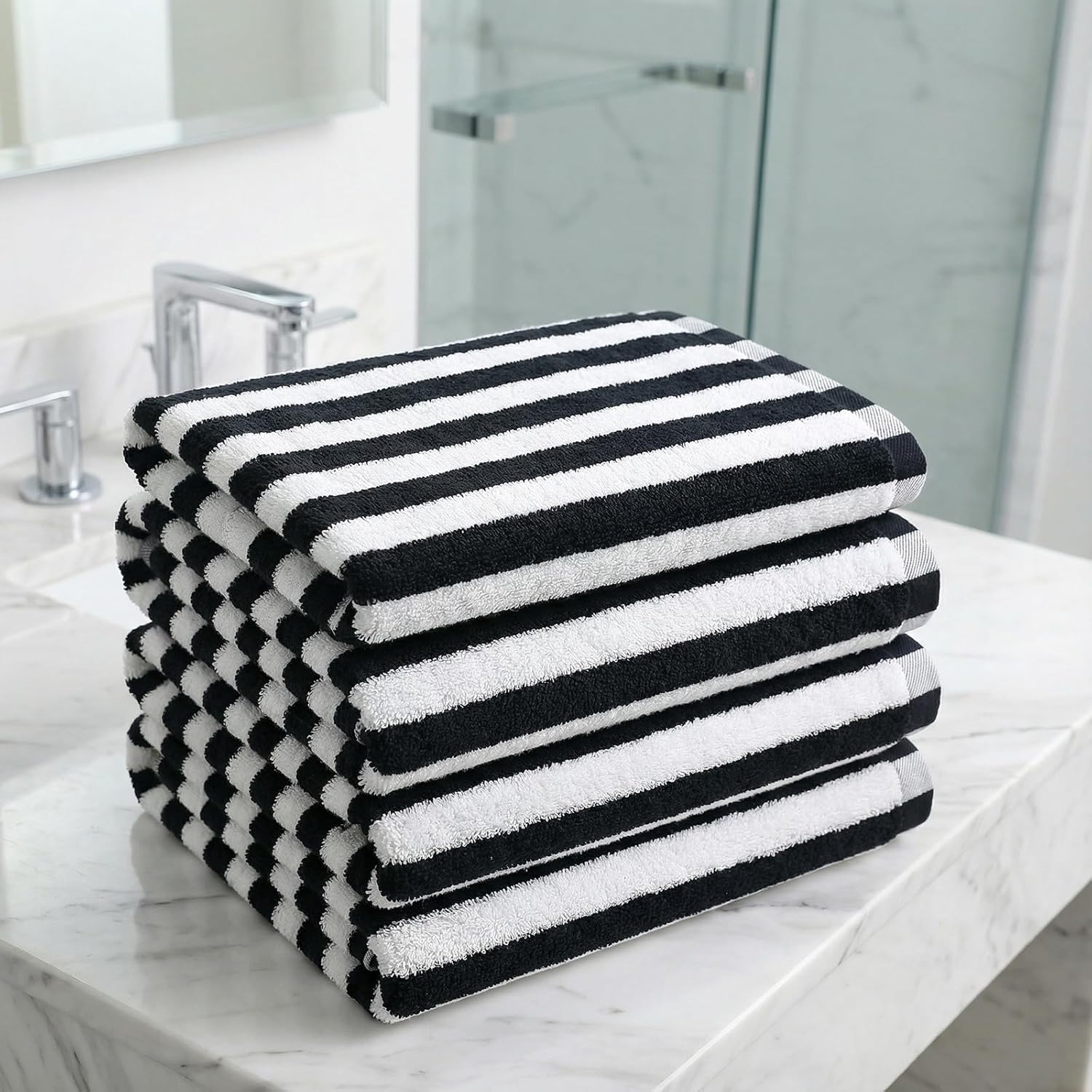 Large Black White Striped Hand Towel Set of 6(35" x 16”)- 100% Cotton | Soft | Absorbent, Bath Hand Towels for Home & Bathroom
