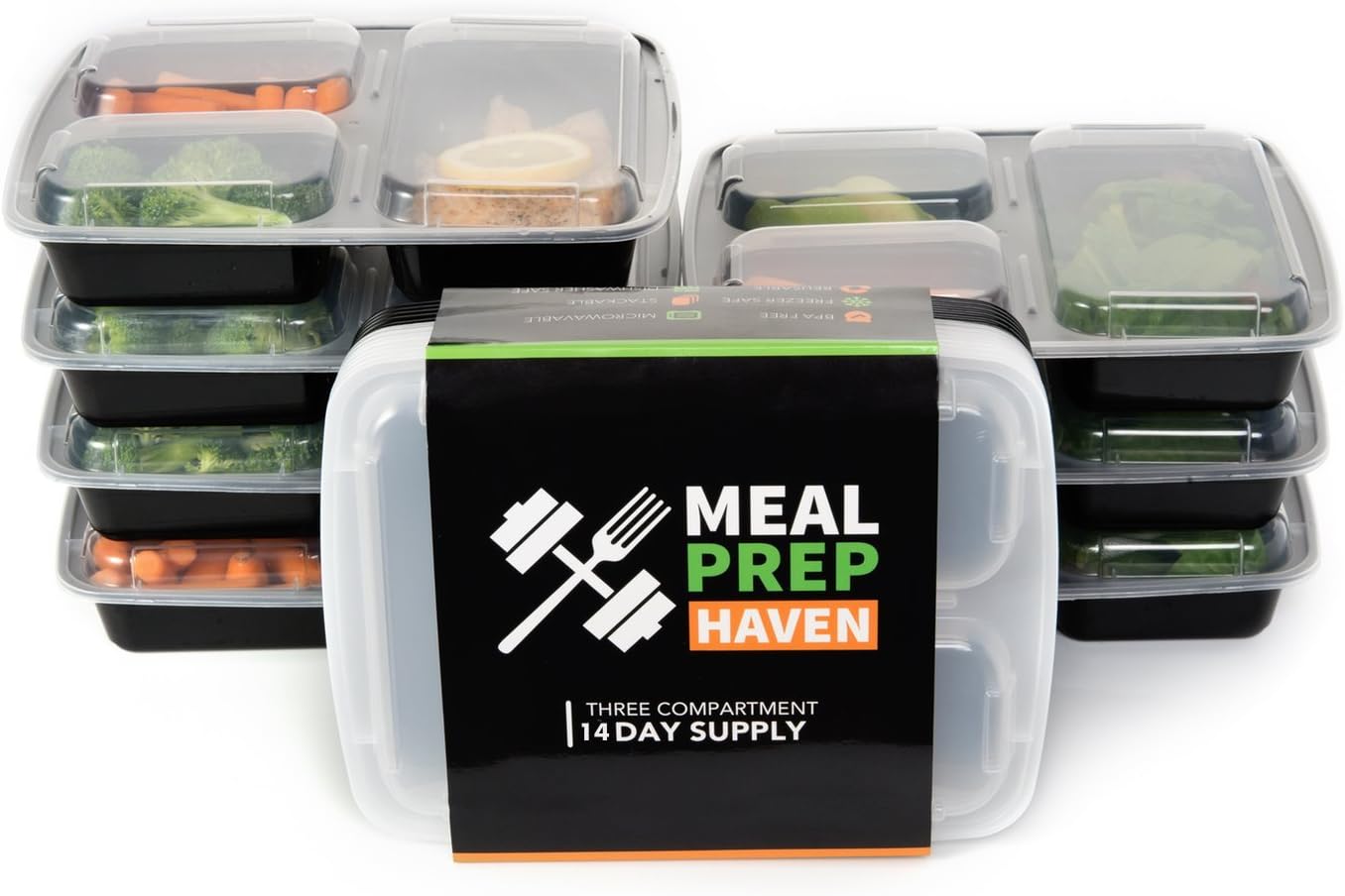 3 Compartment Airtight Lid Food Containers, 32 oz, Multicolored