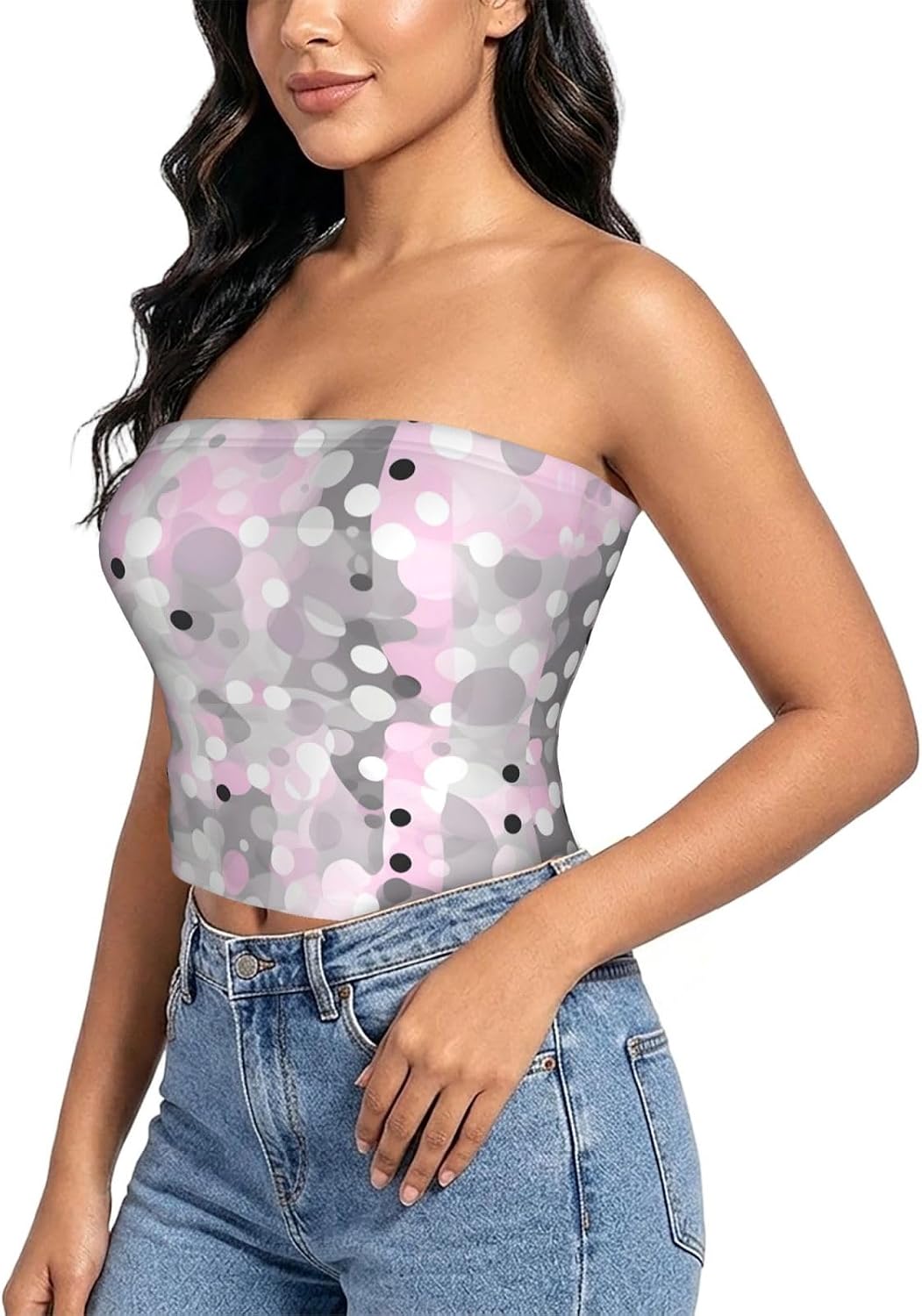 Red Gray White Modern Polka Dot Pattern Print Women Strapless Bra Tube Tops