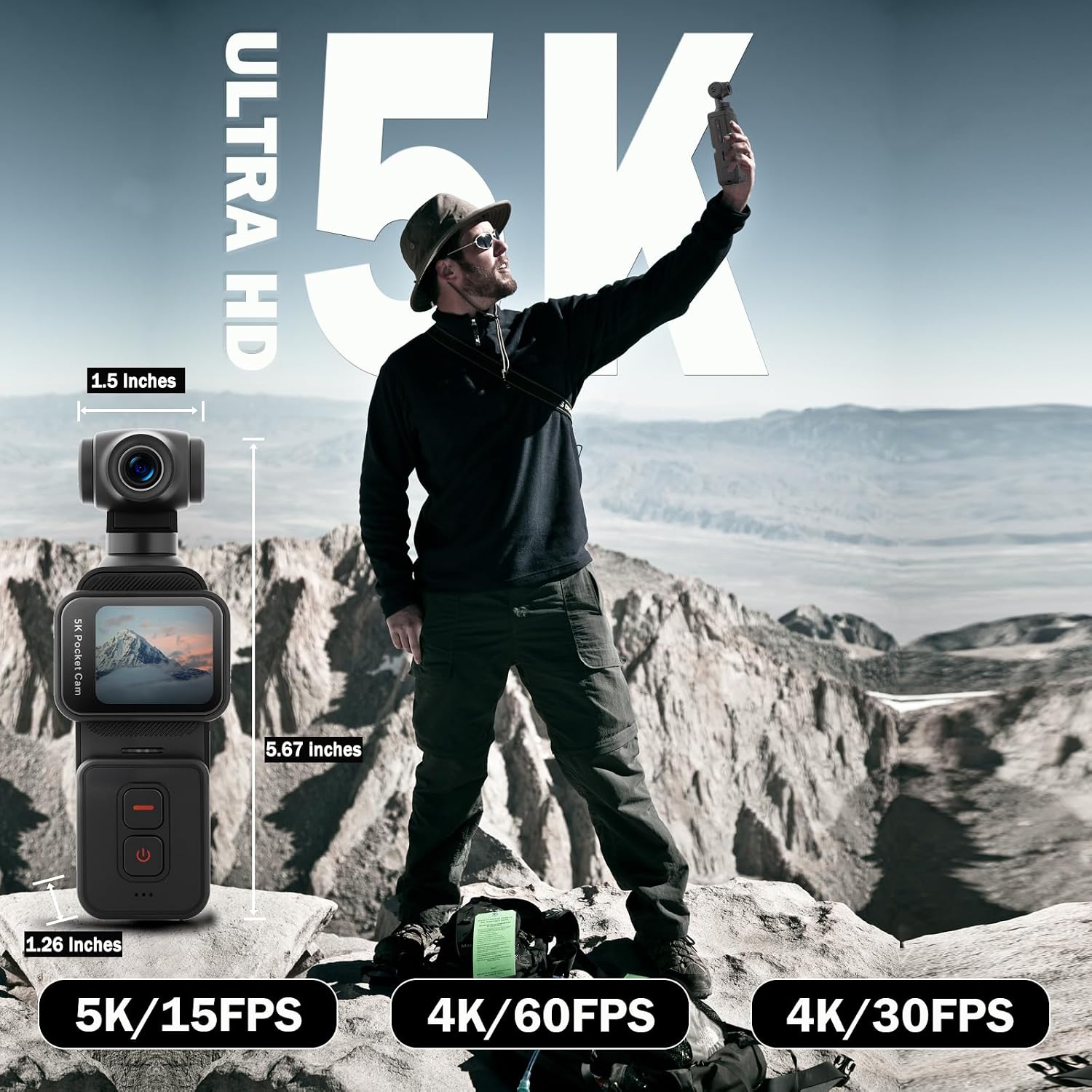 5K Vlogging Camera with Touch Screen, Pocket Action Cam Wi-Fi Body POV Camera with Electronic 270 Rotating Lens, Face Tracking, Remote Control, External MIC, 128GB Card