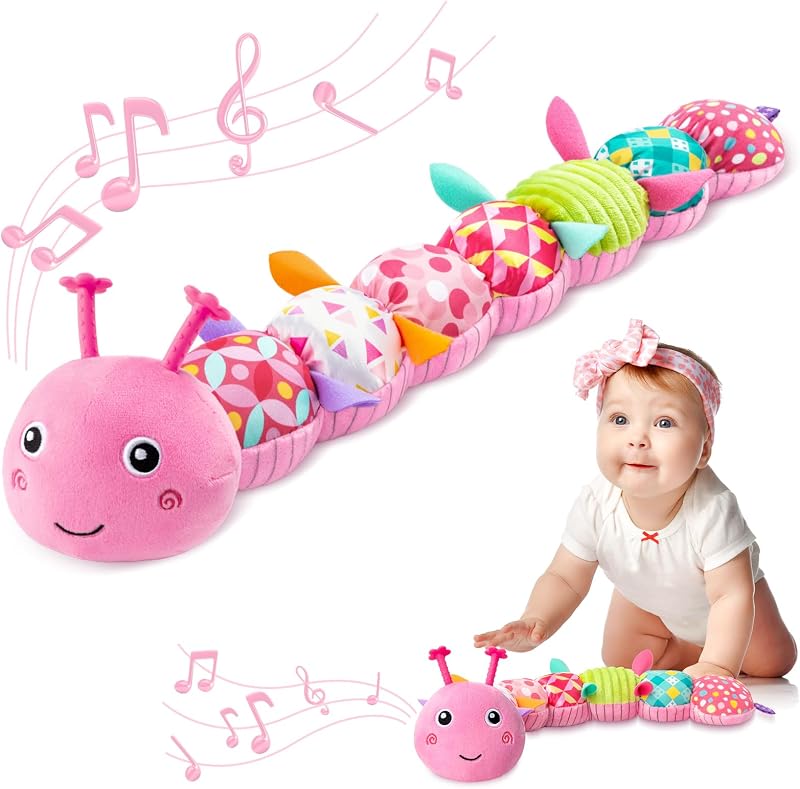 AWOTOY Juguetes para bebés de 0 a 6 a 12 meses, animales de peluche musicales para bebés, juguetes de actividades | Juguetes sensoriales con arrugas múltiples, sonajero para bebé, juguetes para niña, juguetes de peluche para recién nacidos, juguetes para el tiempo boca abajo, regalos de cumpleaños para ducha, Caterpillar, rosa