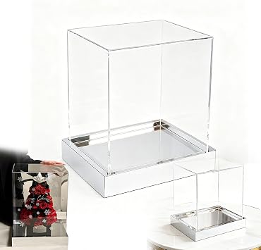 20x8x14inLxWxH Hat Display Case with Mirrored Base,Clear Acrylic Baseball Cap Display Box Stand,UV Protection Signed Hat Transparent Showcase Football,Silver