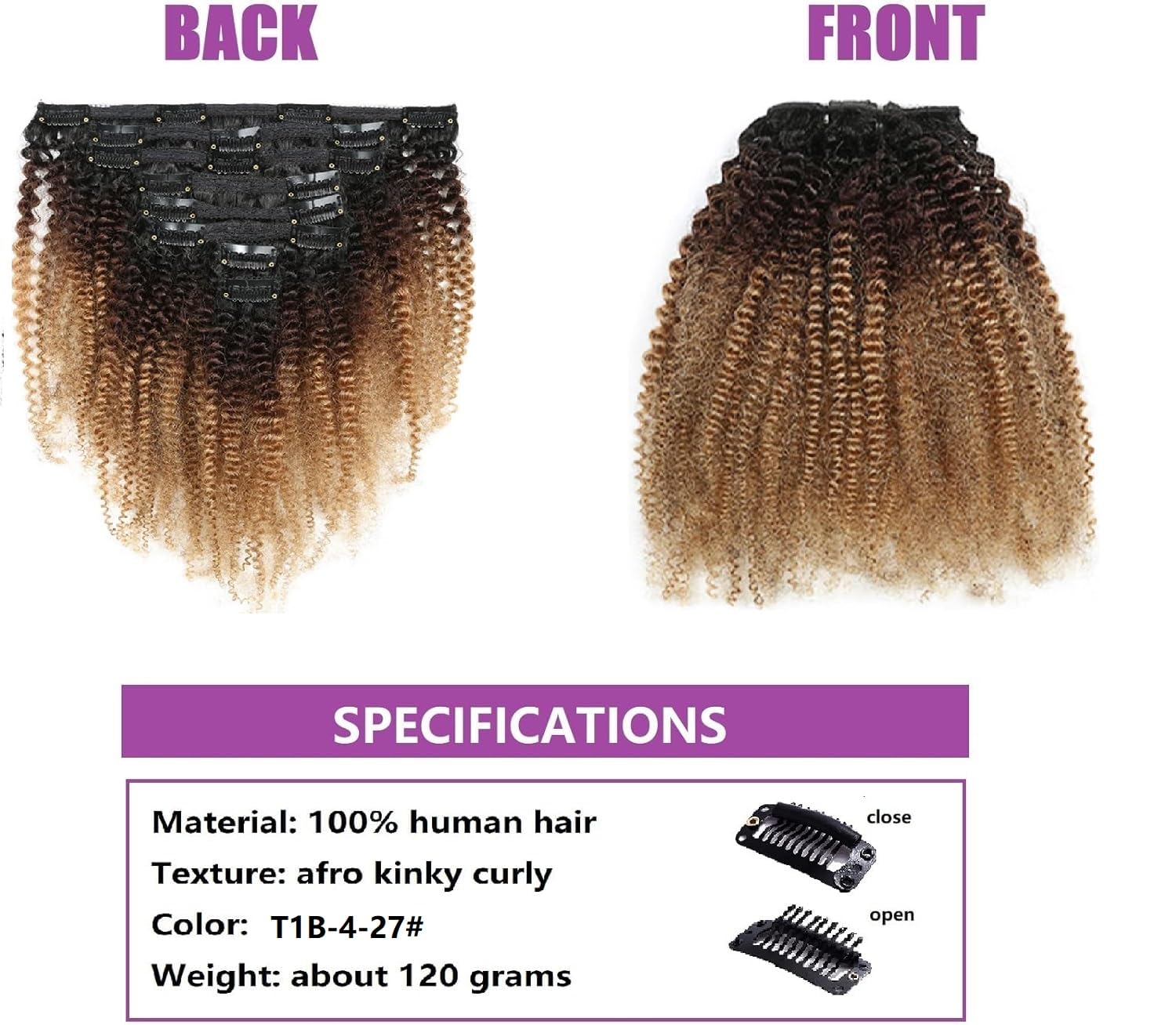 12 Inch Afro Kinky Curly Clip in Hair Extension 8Pcs/Set including 18 Clips 8A Virgin Human Hair Clip in Extensions 120 Grams/Set(T1B-4-27#) - Image 2