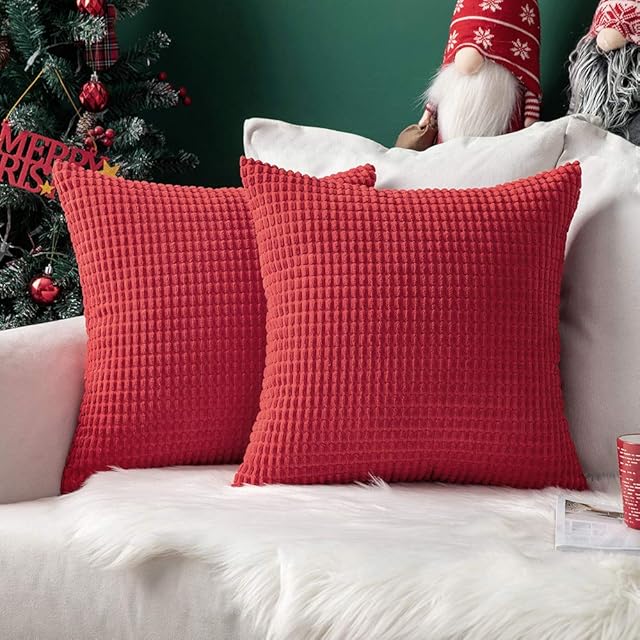 MIULEE Set of 2 Cushion Covers Cushions Decorative Corduroy 16x16 Inches, 40cm x 40cm Striped Solid Square Throw Pillow Cases for Sofa Couch Home Bedroom Red