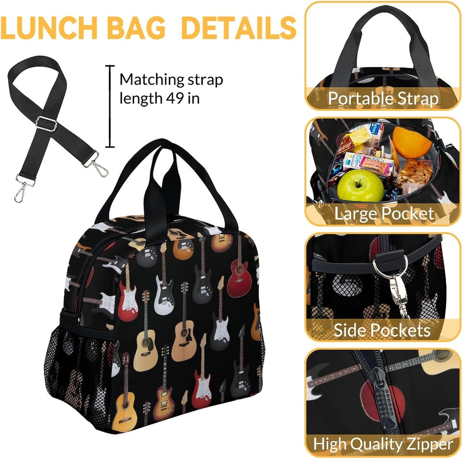 Mercuryelf Guitar Kids Backpack with Lunch Box Set, 3 in 1 School Backpacks Matching Combo, Popular Black Bookbag and Pencil Case Bundle