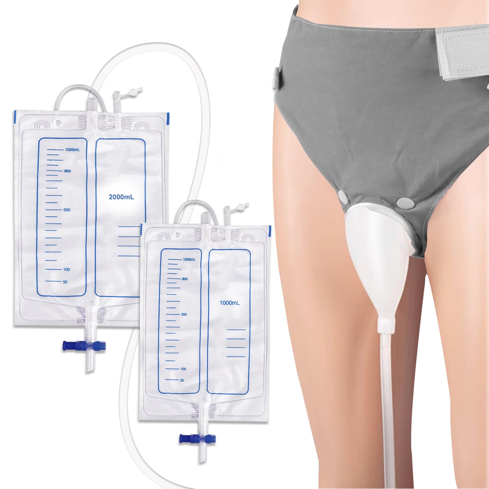 Wearable Urine Collector Kit with Reusable Silicone Capsule 1000ml and 2000ml Urinary Drainage Bags 1.2M Catheter Tube and Breathable Cotton Fixing Pants, Elderly Men Grey