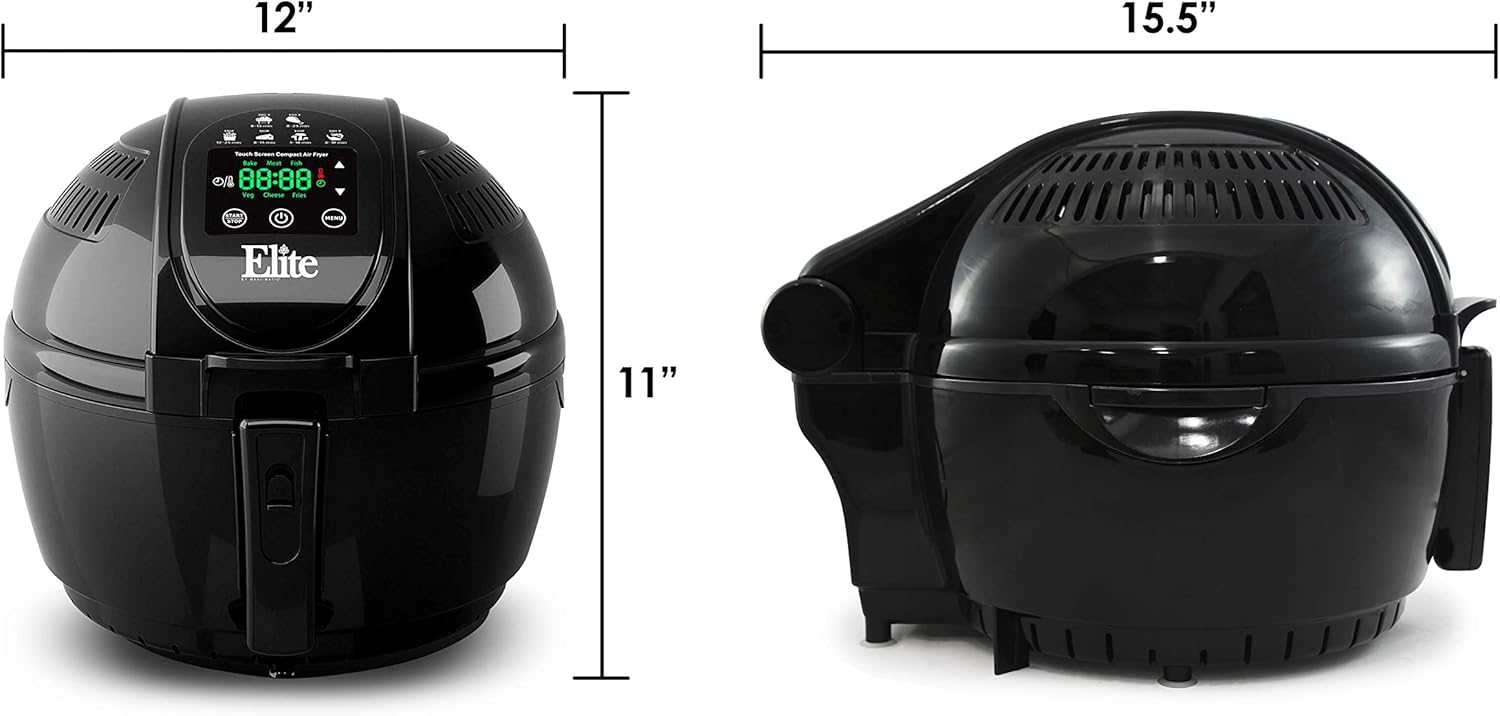 Diagram showing the dimensions of the Elite Gourmet EAF-1506D air fryer: 12 inches wide, 11 inches high, and 15.5 inches deep