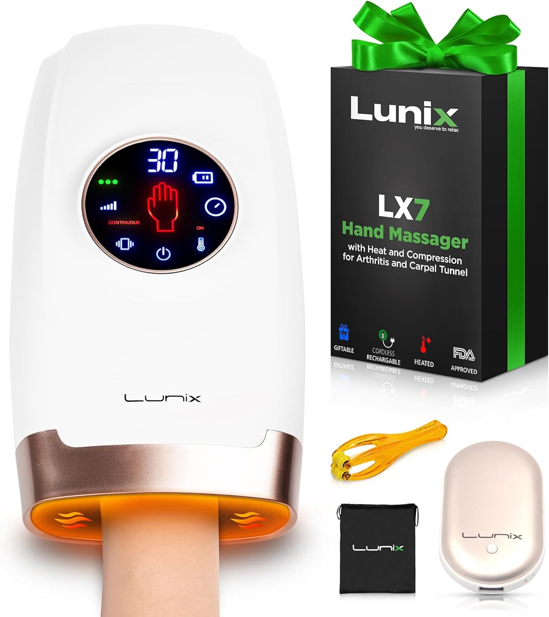 Lunix LX7 FSA Cordless Hand Massager with Heat and Compression, Relaxing Shiatsu Massager Machine for Arthritis, Pain Relief, Carpal Tunnel, Everyday Comfort, Patented Touchscreen Display, Lunar White