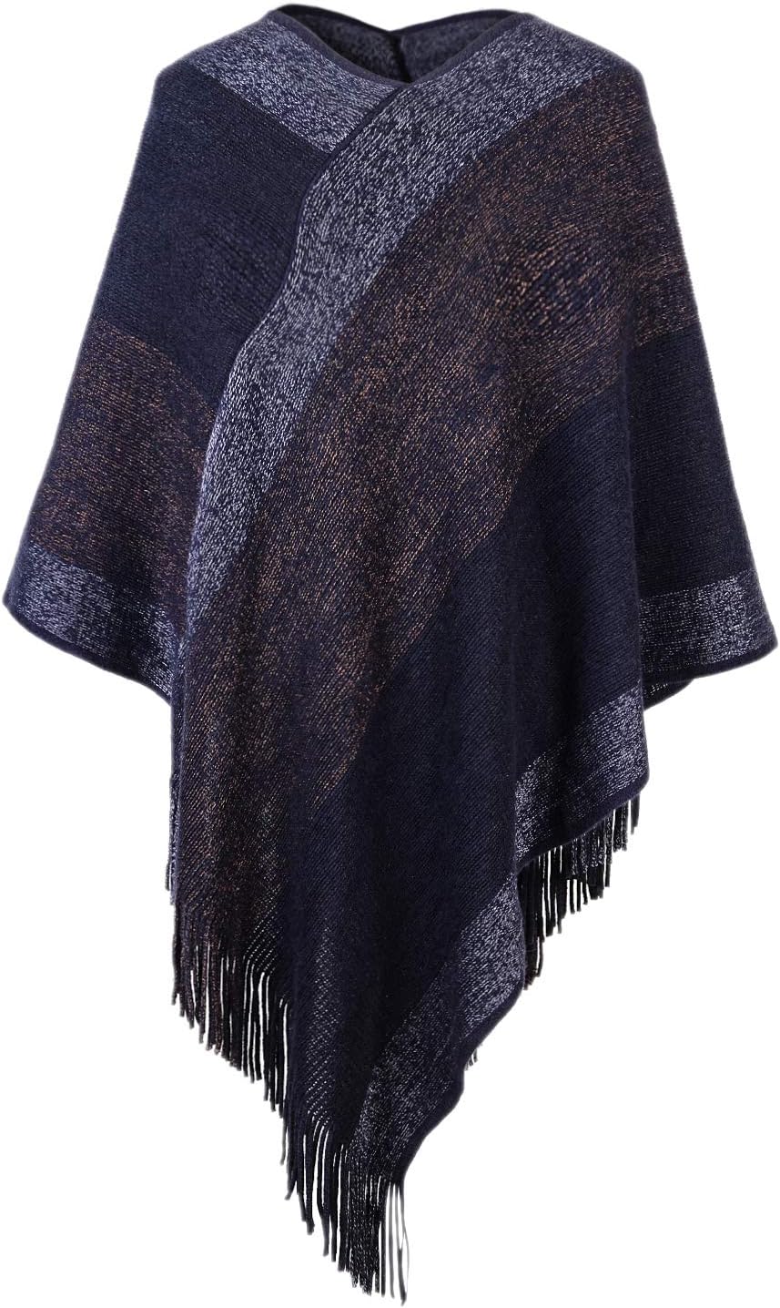 Women's Elegant Knitted Shawl Poncho with Fringed V-Neck Striped Sweater Pullover Cape Gifts for Women Mom - Image 4