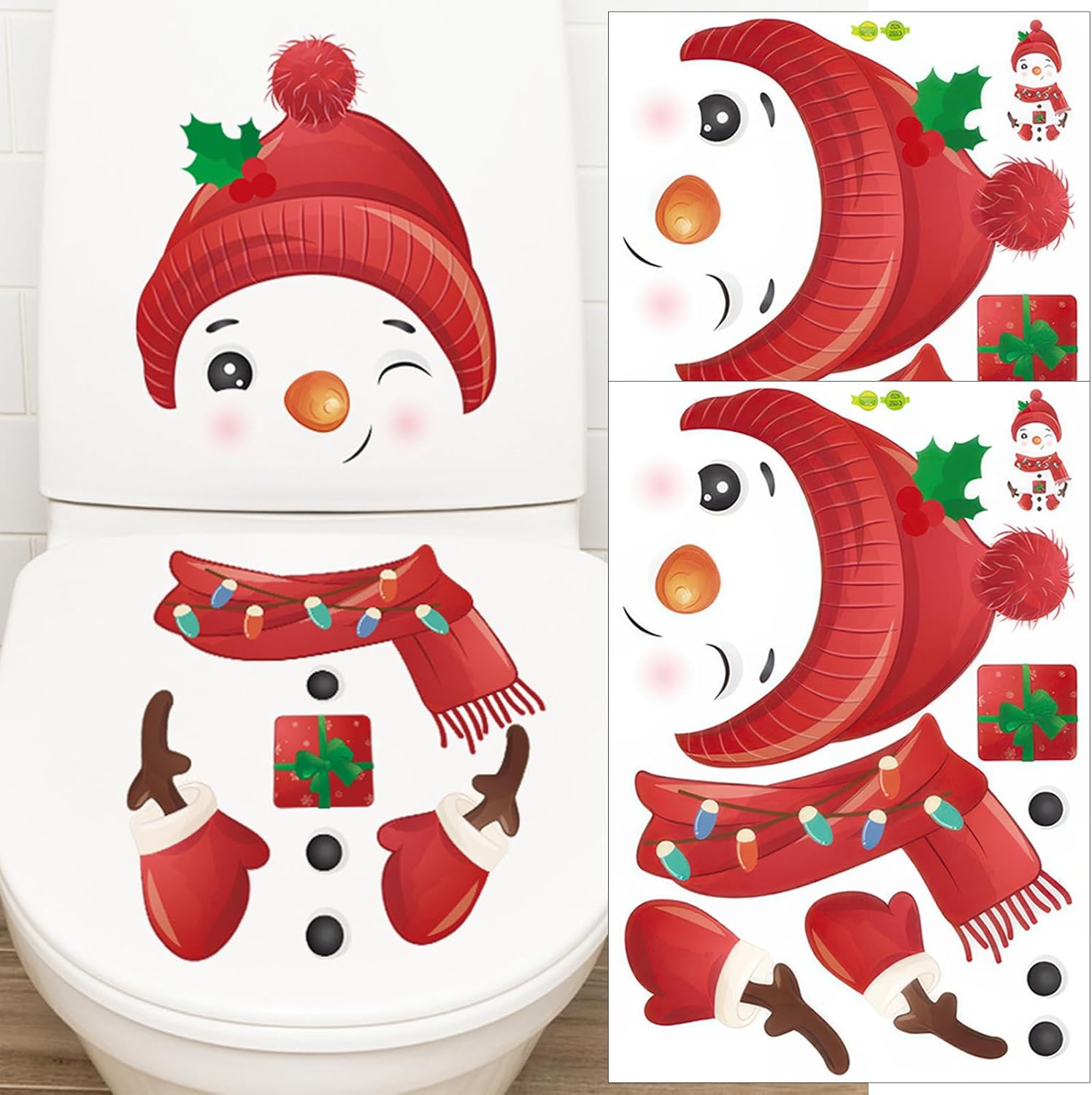 2 Sheets Christmas Toilet Stickers Snowman Toilet Cover Decals Winter Snowman Pattern Bathroom Wall Toilet Seat Lids Self-Adhesive Stickers for Xmas Party Home Decoration