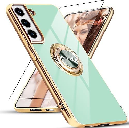 Miniatura 7 de Aitipy Funda para Samsung Galaxy S21 FE con 1 protector de pantalla, soporte de anillo de rotación de 360 integrado, borde chapado brillante de