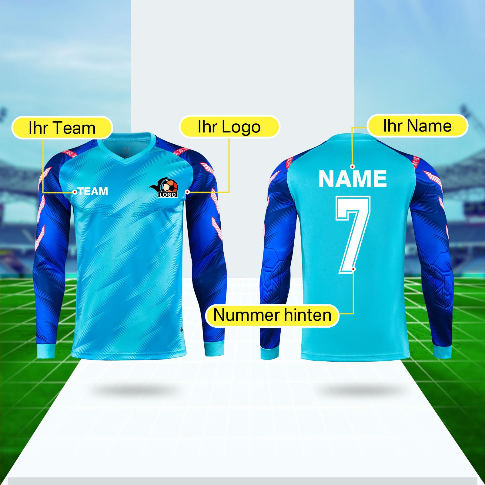 LAIFU Personalisiertes Torwarttrikot Kinder Erwachsene Herren Damen Langarmtrikot mit eigenem Namen, Nummer, Teamname