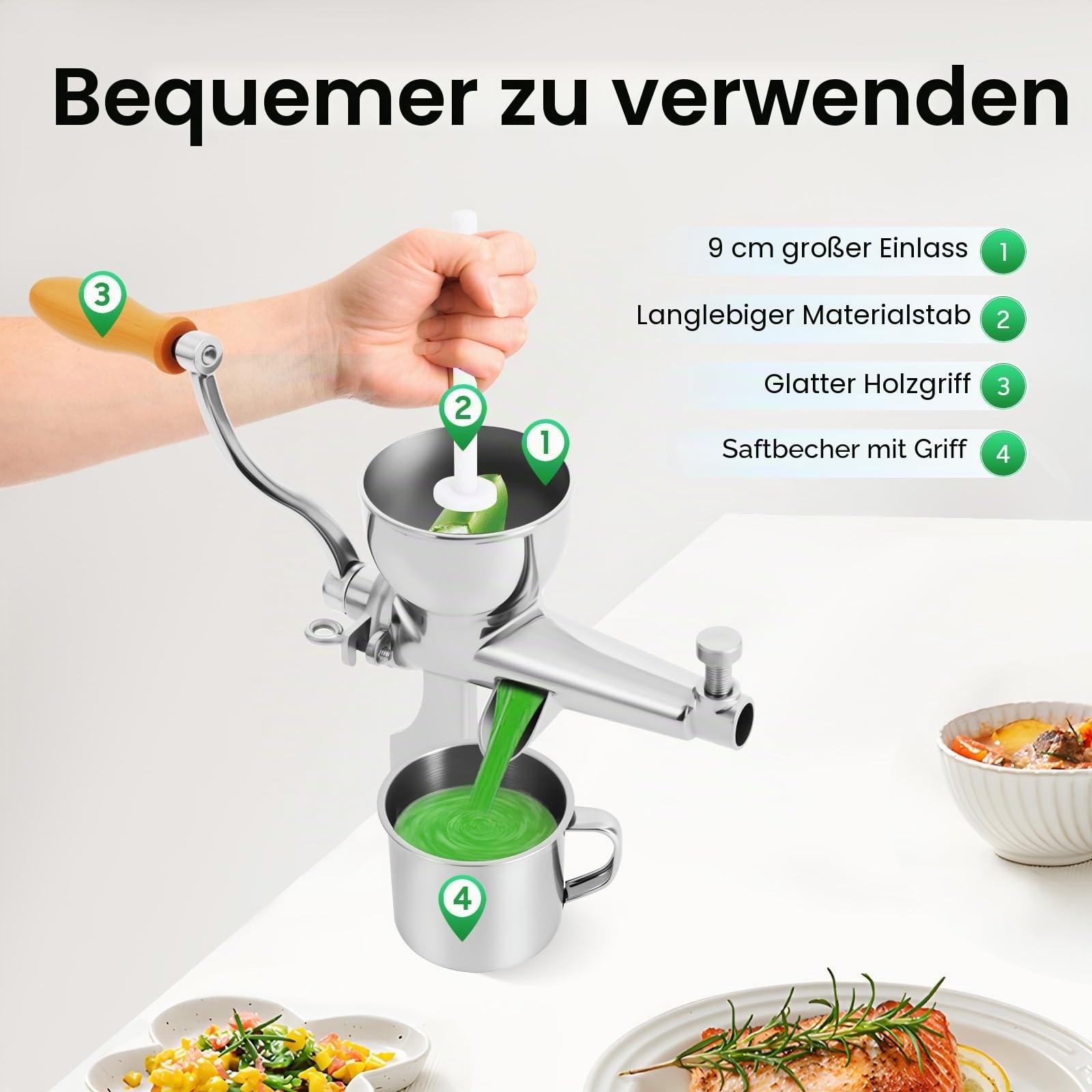 Weizengras Saftpresse Manuell Entsafter Obst Gemüse Handpresse mit Sieb und Reinigungsbürste, Edelstahl Weizengraspresse Manuell Beerenpresse für Weizengras, Sellerie usw