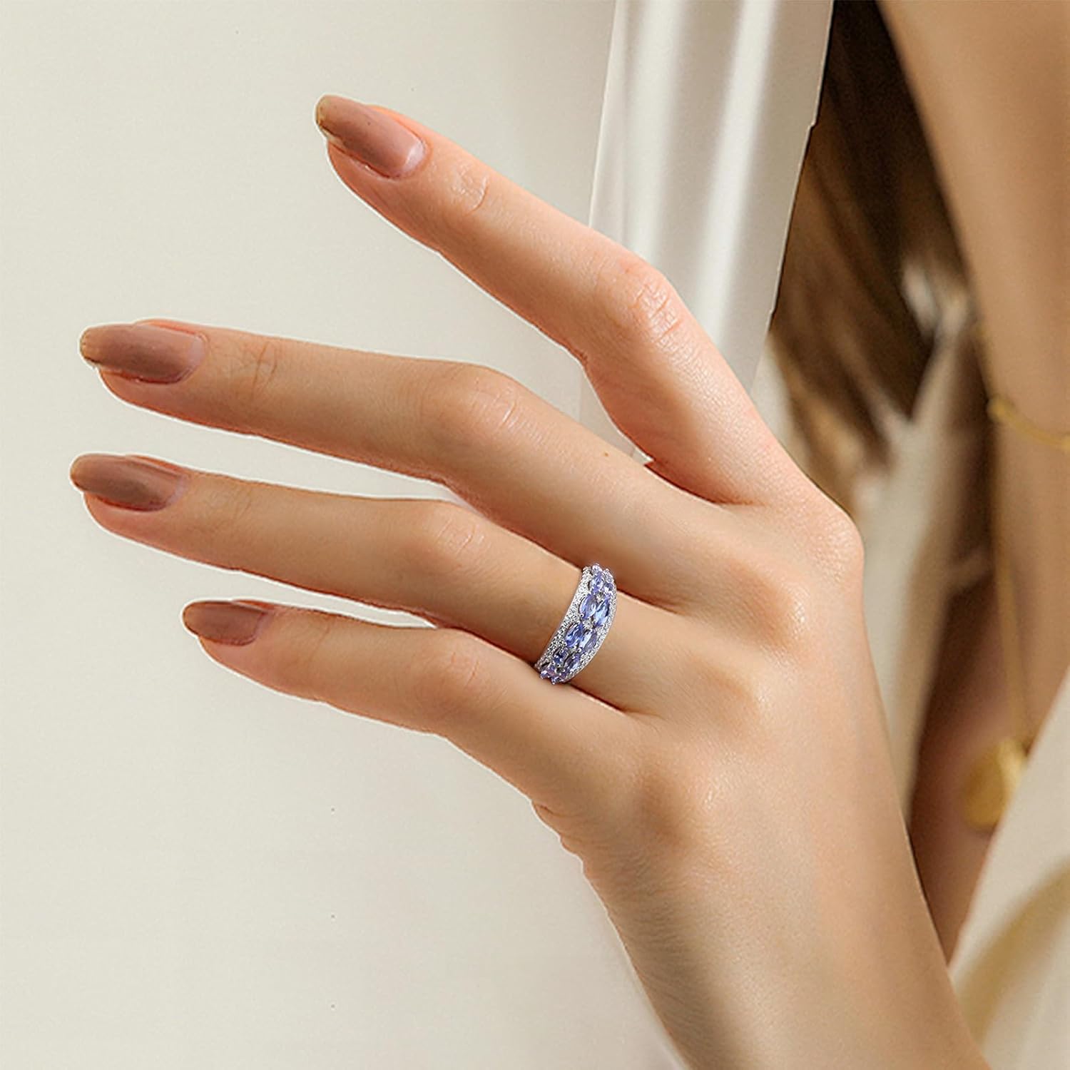 Blue Tanzanite & Cubic Zirconia Stackable Wedding Band Eternity Rings,December Birthstone Ring for Women,Rhodium-Plated Sterling 925 Silver - Elegant Marquise-Cut(Weight 1.47 CT