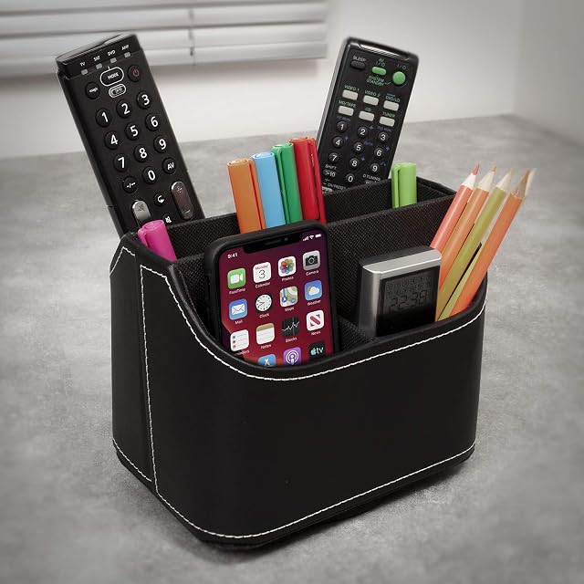 EHC 5 Compartments Faux Leather Rotatable Caddy Holder Office or Home Stationary/Make up Organizer, Black