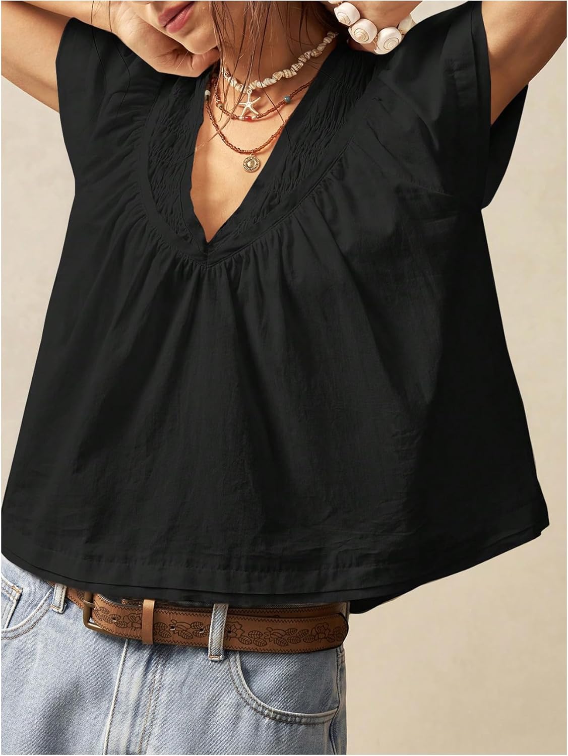 Women's Oversized Shirts V Neck Short Sleeve Blouses Casual Summer Tops - Image 5