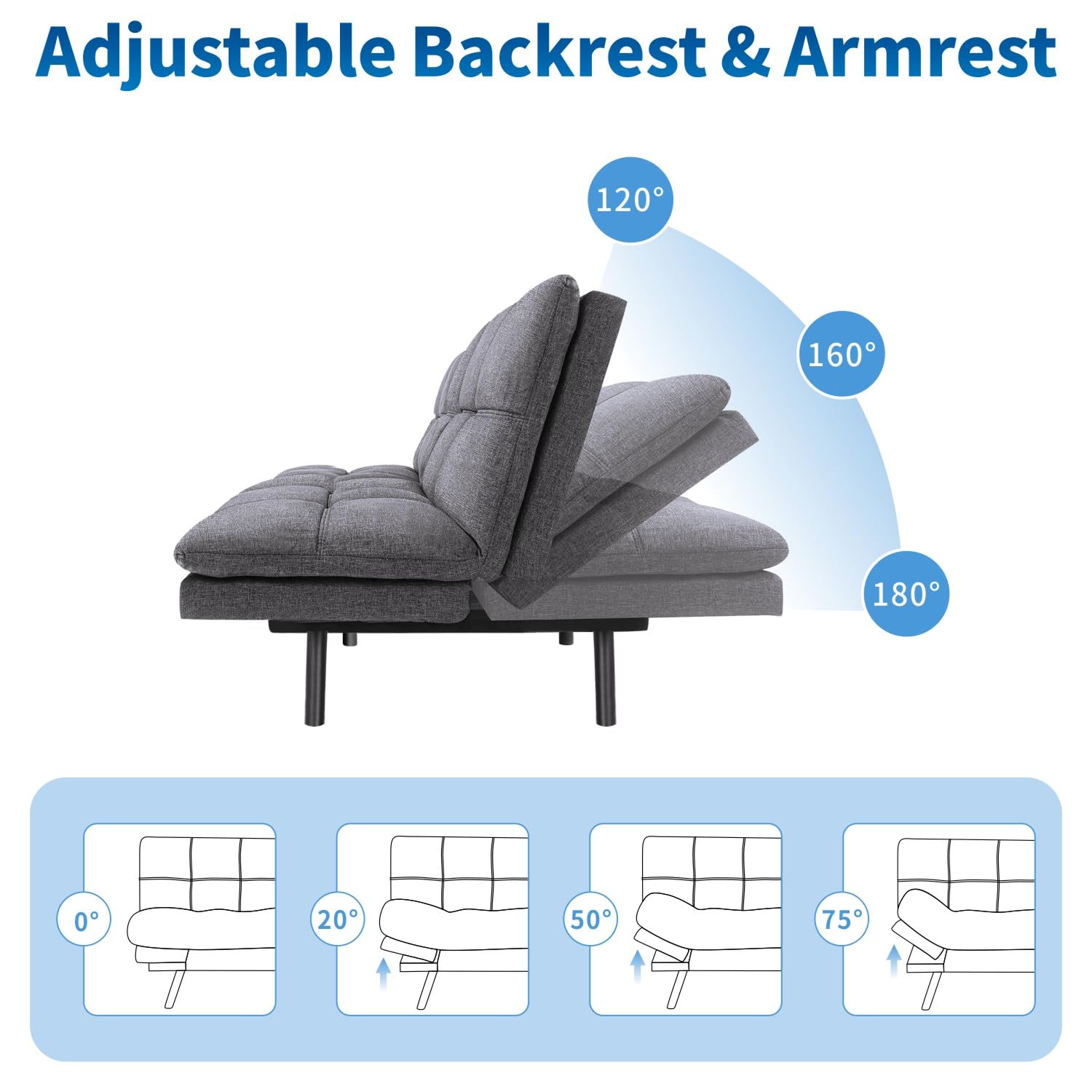 MUUEGM Futon Sofa Bed, 71" Convertible Linen Memory Foam Couch Bed, Modern Backrests Armrests Love Seat for Living Room,Apartment,Office,Charcoal Grey Sleeper Couch