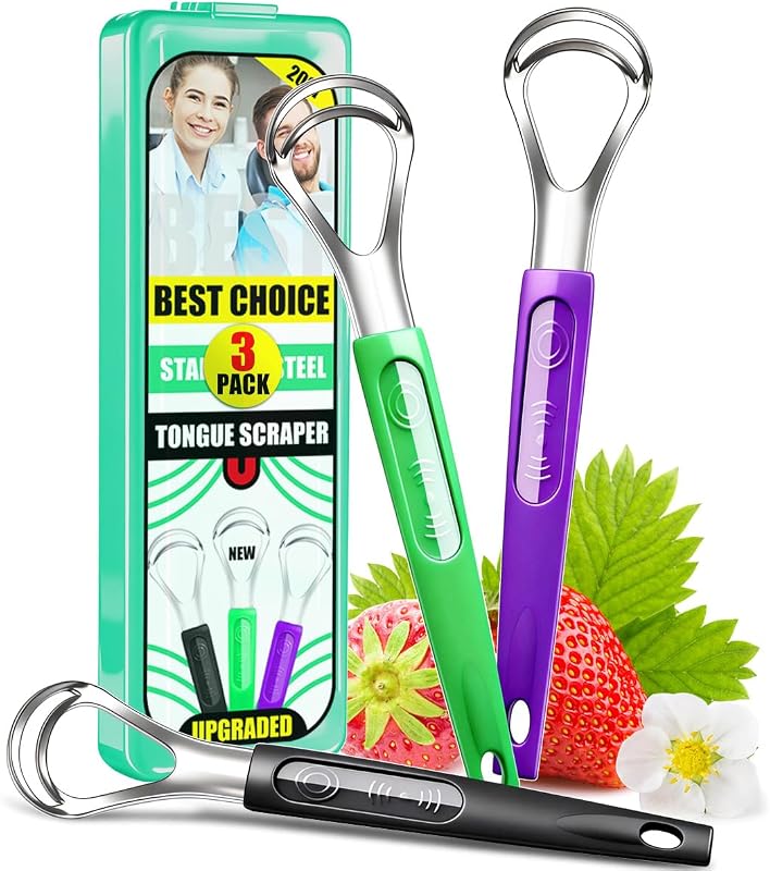 3 Pack Metal Tongue Scrapers for Kids Adults | Reduce Bad Breath, Comfort Grip, 3 Color Family Set, Dual Deep Cleaning, Stainless Steel, Tongue Cleaner, Travel Case