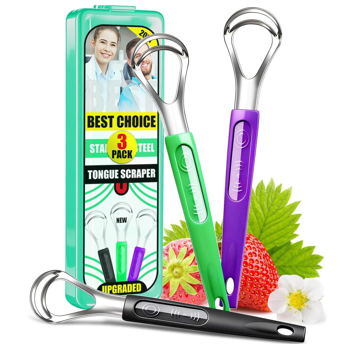 3 Pack Metal Tongue Scrapers for Kids Adults | Reduce Bad Breath, Comfort Grip, 3 Color Family Set, Dual Deep Cleaning, Stainless Steel, Tongue Cleaner, Travel Case