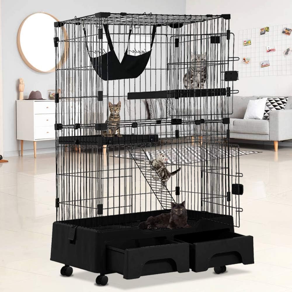3-Tier Cat Cage Cat Crate Kennels Pet Playpen Large 52.3" High Kitten House Furniture with Wheels Wire Metal Pet Enclosure w/2 Front Doors Ladders 2 Platforms Bed Hammock Tray Cat Condo : Pet Supplies