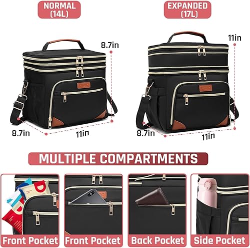 Miniatura 4 de YESBAG Lonchera para mujeres y hombres, lonchera expandible con doble compartimento, reutilizable, aislada, con correa para el hombro, color negro