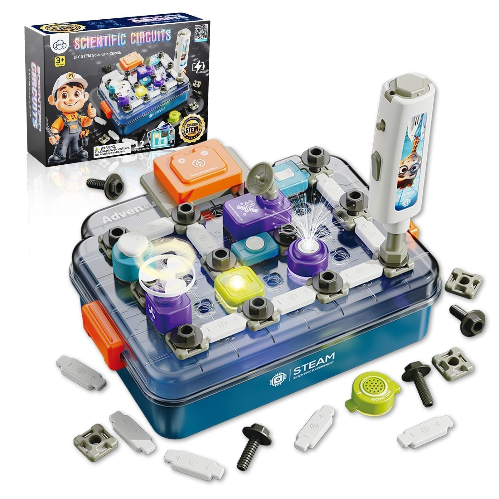 Kit Electrónico para Niños Desde 3 Años, Set Explorador con 58 Piezas + Taladro Eléctrico, Juguete Educativo Stem con Estación de Trabajo de ABS - Regalo Ideal para Jardín Infantil y Hogar