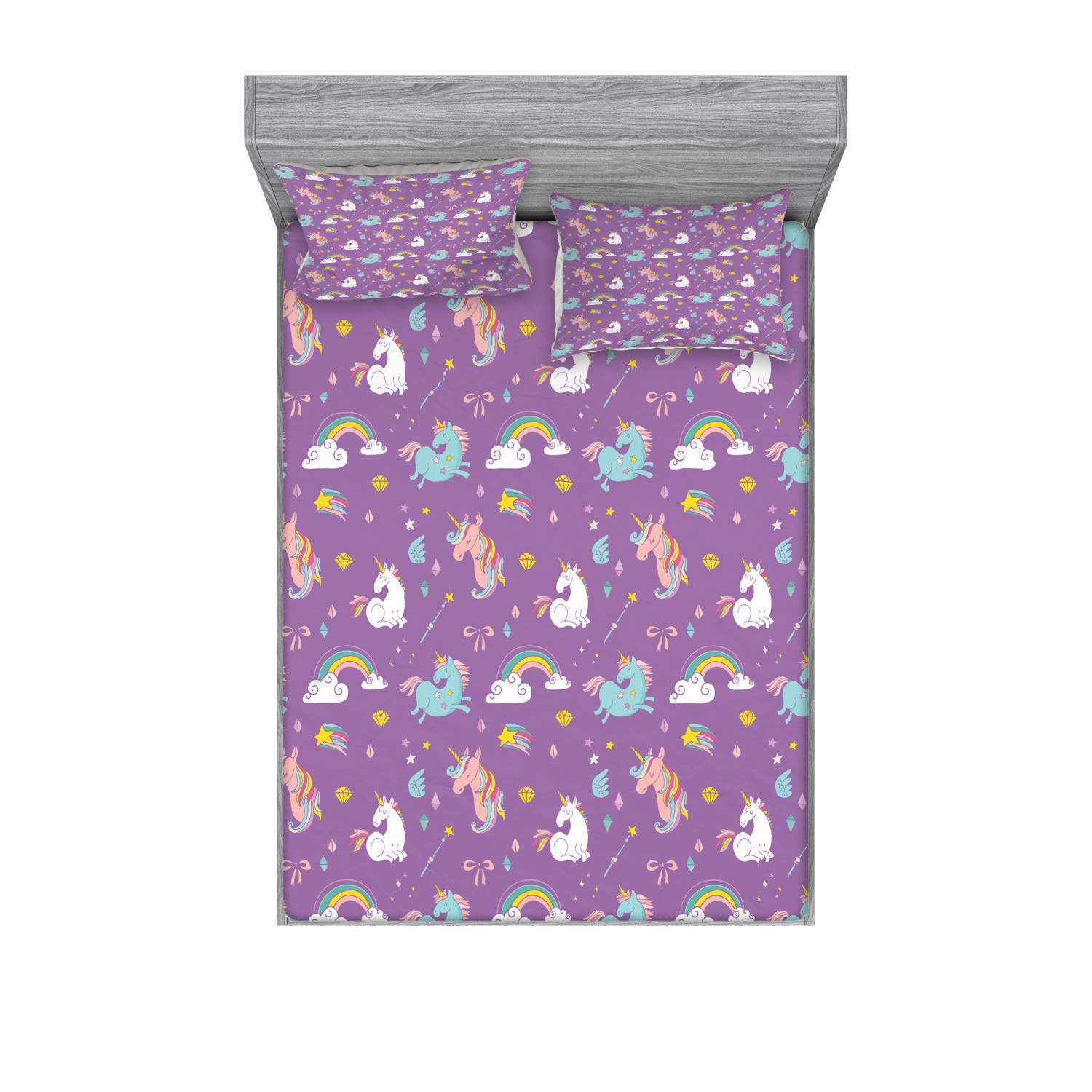 Ambesonne Magic Fitted Sheet & Pillow Sham Set, Unicorn and Rainbow Diamond Wand Pattern Girl Creature Print, Decorative Printed 2 Piece Bedding Decor Set, Queen, Violet