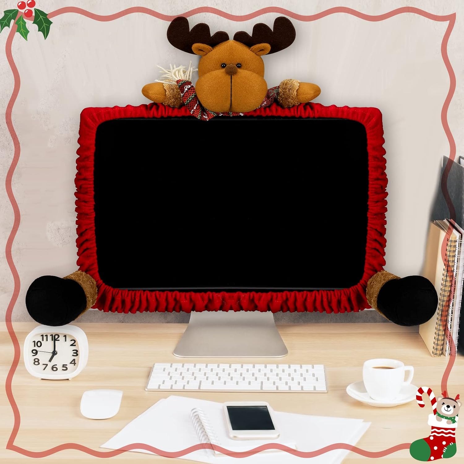 2 Pcs Christmas Computer Monitor Cover Christmas Office Decorations for Work Elastic Reindeer Xmas Santa Laptop Computer Monitor Border Cover for Home Office Mall Photography Holiday Gifts