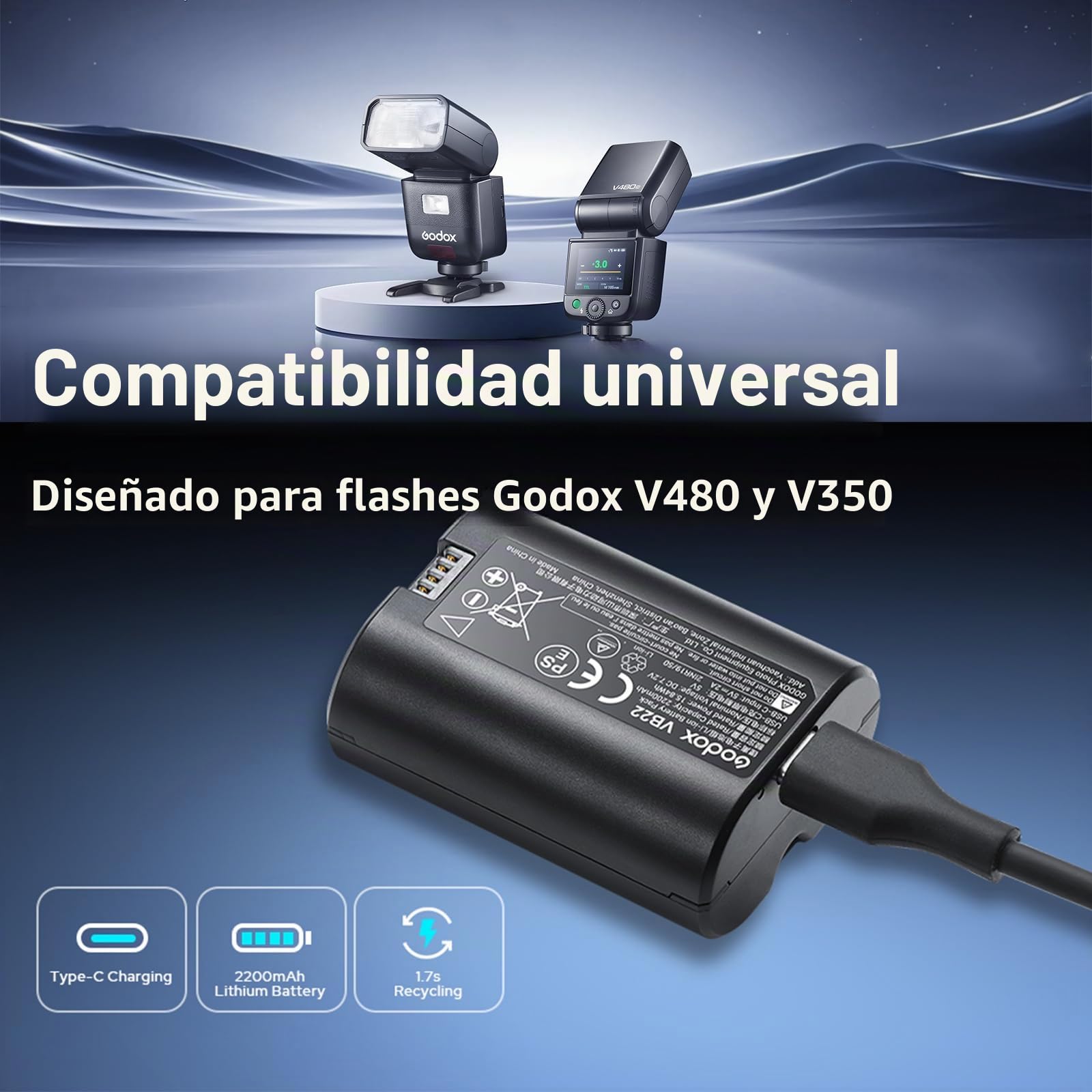 Godox VB22 Batería de Litio (7.2V 2200mAh) con Puerto de Carga USB-C – Batería de Repuesto para Flashes Godox V1 Mid, Serie V480 y Serie V350 (C/S/N/O/F)