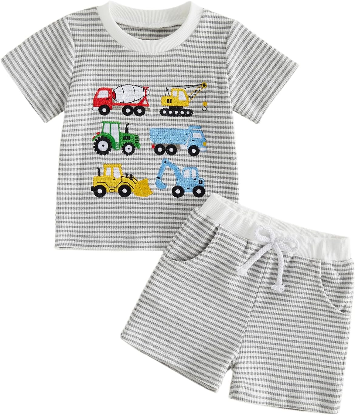 Toddler Baby Boy Summer Clothes Waffle Truck Embroidery Short Sleeve Tops T-Shirt and Shorts Sets Cute 2Pcs Outfits