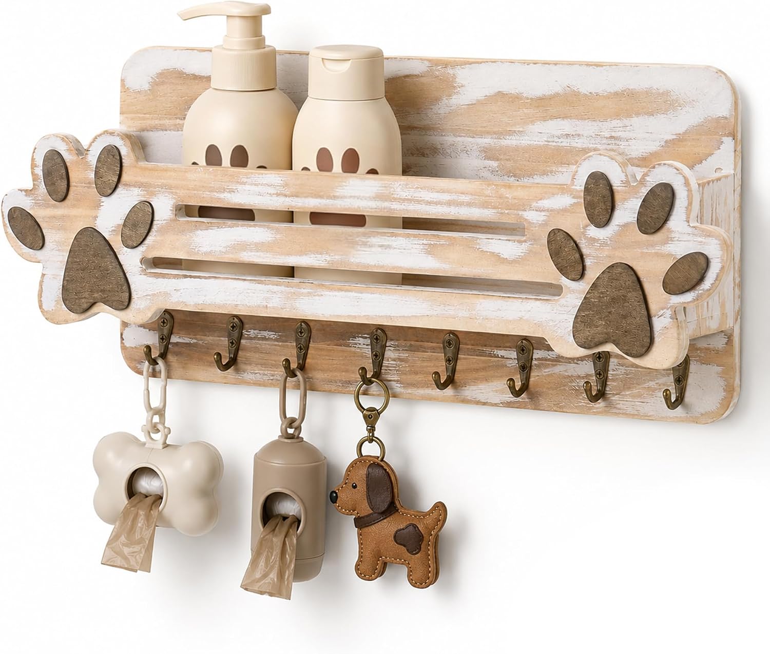 Farmhouse Dog Leash Holder for Wall, Cute Wall Mount Dog Accessories Holder with 8 Hooks & Storage Shelf, for Leashes Collar Keys, Rustic Home Decor (Comes with DIY Letters)