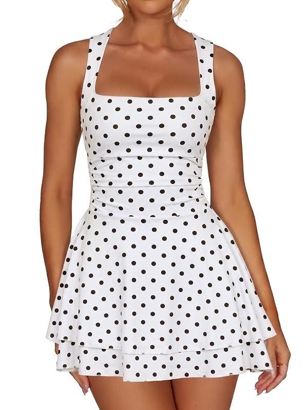 Kaximil Women's Square Neck Ruffle Hem Party Mini Dress, M, Dot White by Kaximil - Used condition - US$36.69