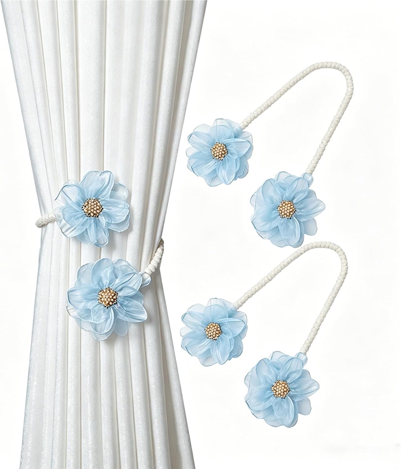 Handmade Curtains Tiebacks,Boho Flower Curtain tie Backs, Curtain Holder Tie Backs for Curtains Braided,Cute Flower Curtain Ties Decorative Rope for Bedroom Window Treatment (Grey)