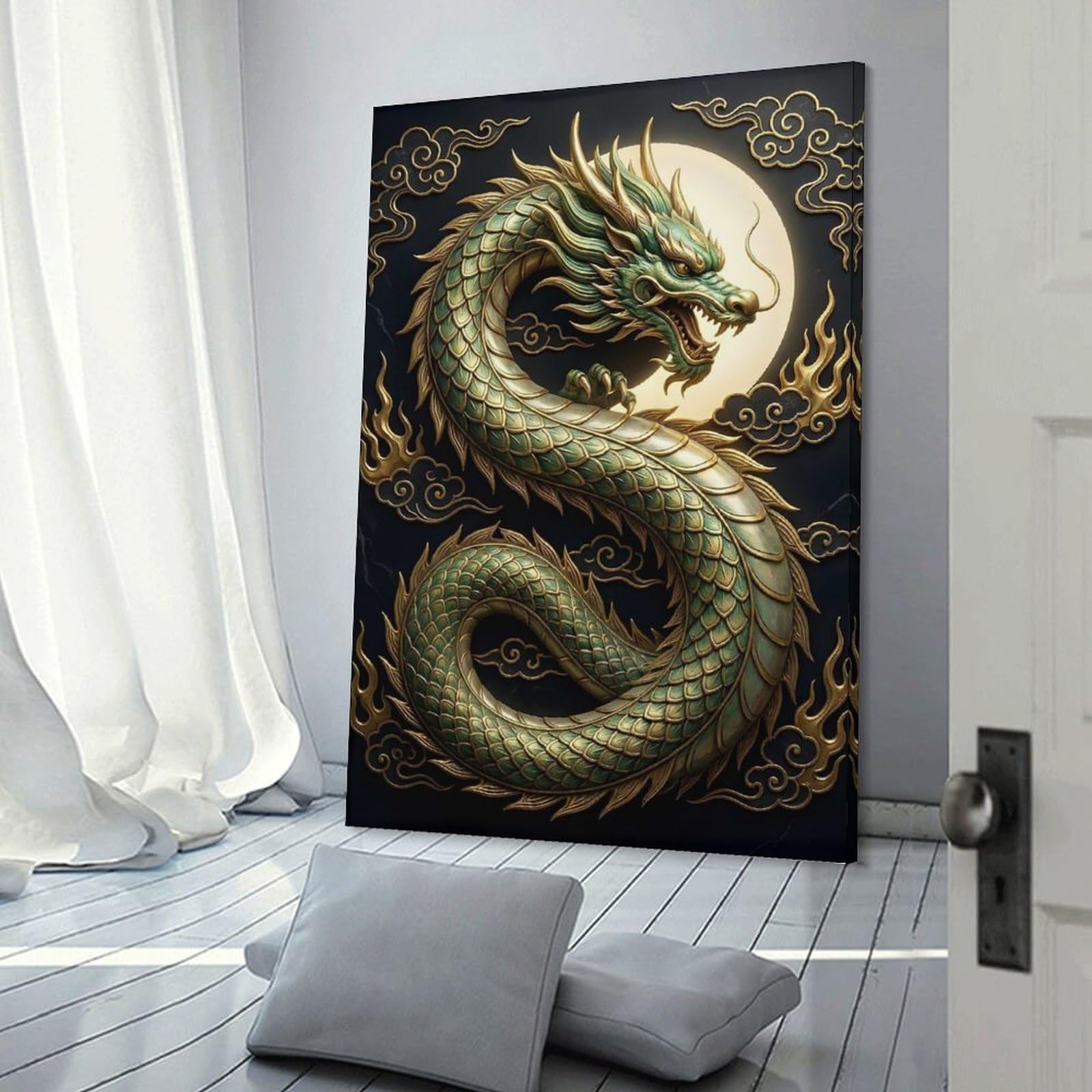Junmoney Green Dragon with Golden Ornaments Room Decor Wall Art, 08x12inch(20x30cm), for Bedroom Walls, Guest Spaces Or Lounges, Stylish Decor for A Restful Room Update
