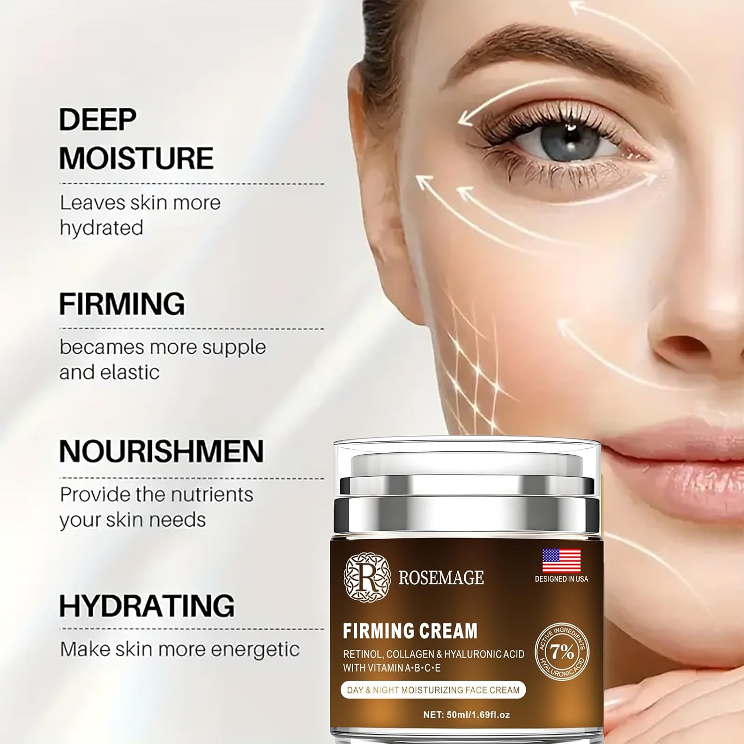 Rosemage Firming Face Cream with Retinol, Collagen & Hyaluronic Acid, Day & Night Moisturizing Cream, 1.69 Fl Oz - Image 4