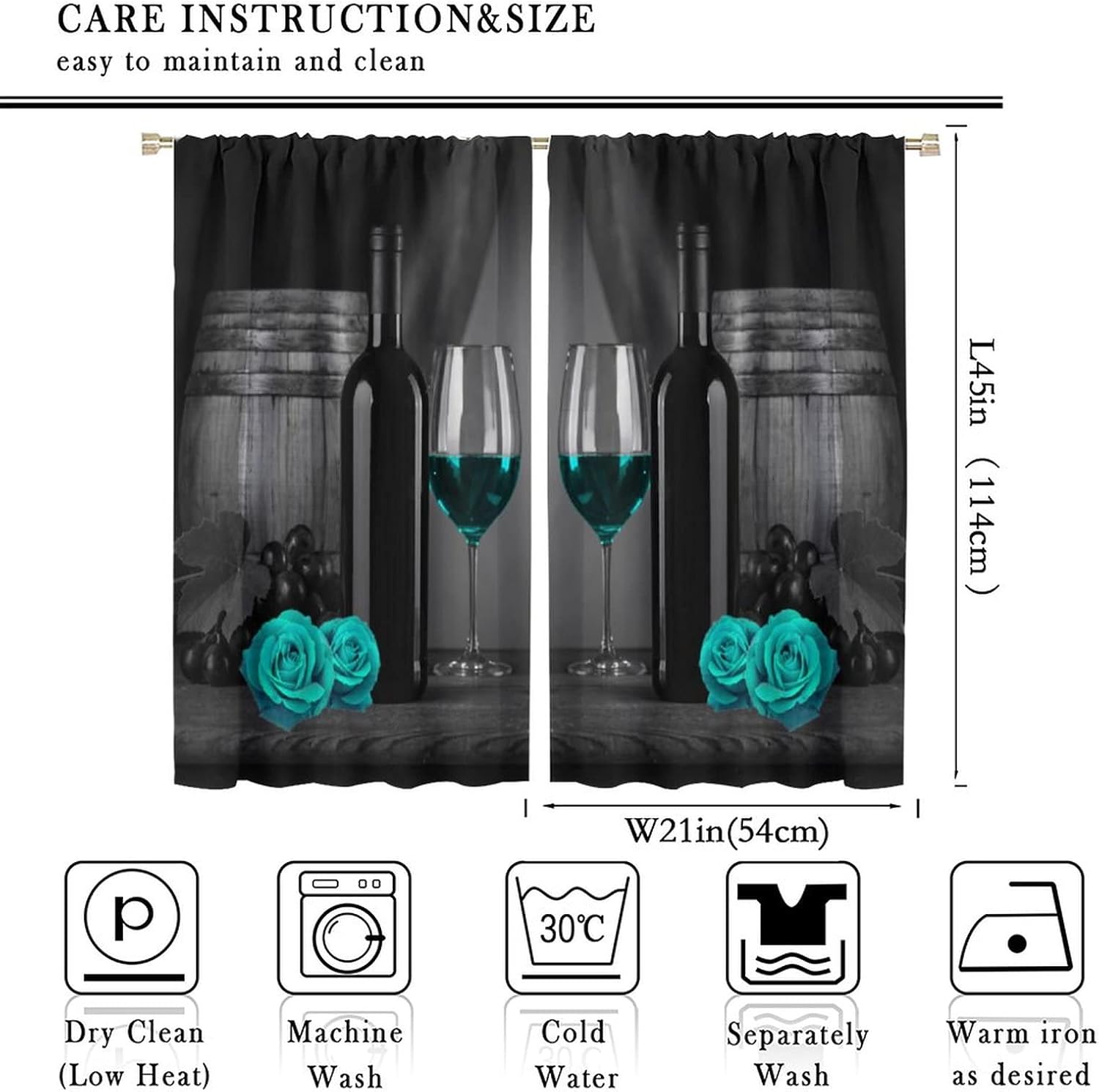 Blue Wine Blackout Curtains,Romantic Blue Rose Flower Woman Lover Window Drapes,Vintage Rustic Cellar Wooden Table Black Teal Grape Wine Curtains for Kitchen Bedroom Living Room Cafe 42x45 Inch
