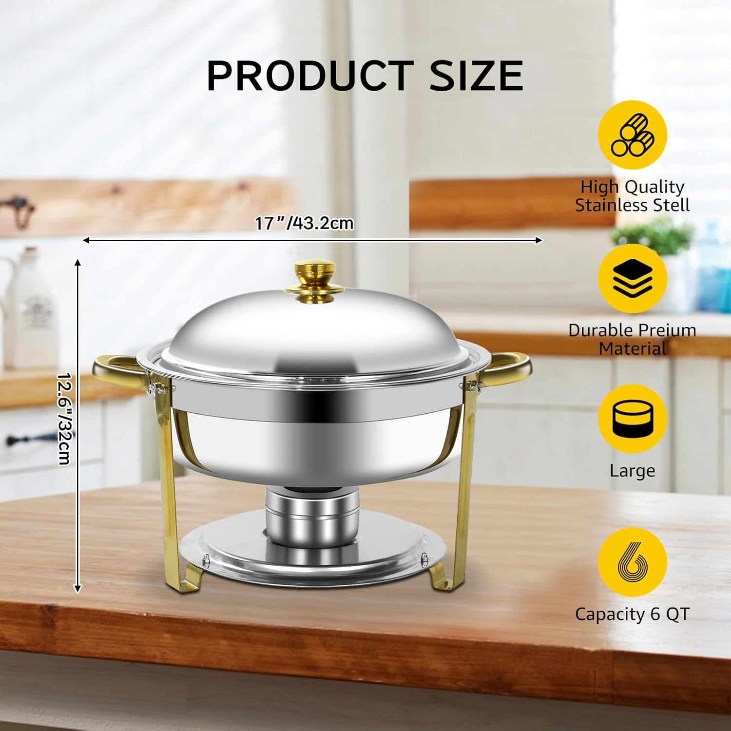 Chafing Dish Full Set, Round 6QT Stainless Steel Catering Chafer, Buffet Food Warmers for Parties Events Weddings, Gold, 4 Pack