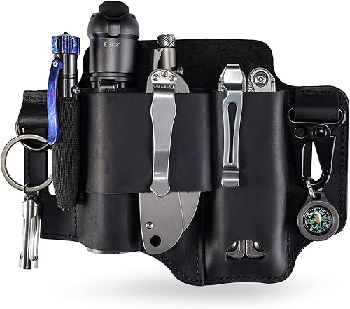 Leather Multitool Sheath - EDC Belt Organizer for Leatherman Tools, Flashlight, Pen, and Keychain Clip, Durable and Stylish, Great for Work and