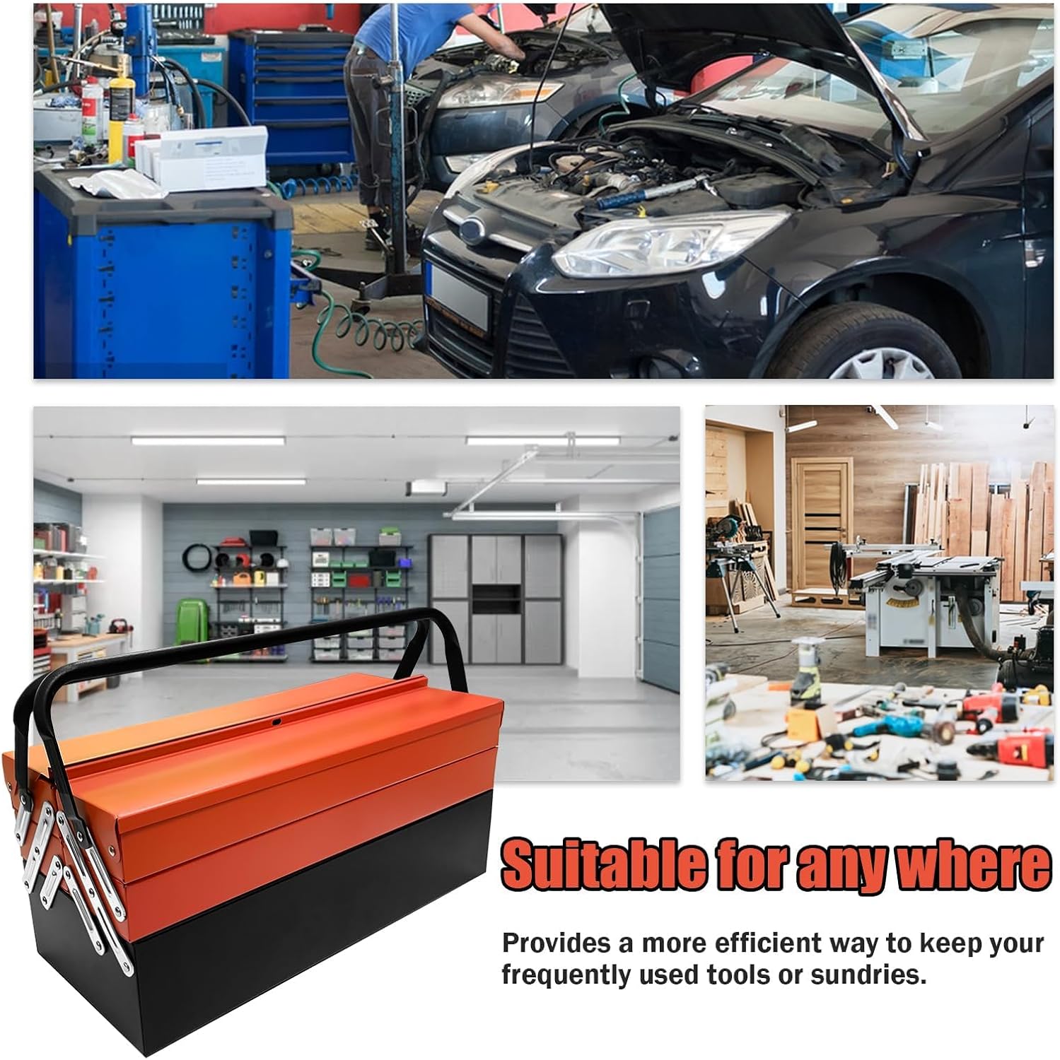 Metal Cantilever Tool Box, 18" * 8" * 8" Fold Out Tool Organizer with 3 Layers & 5 Trays, Portable Storage for Home, Studio, Auto Repair & Factory (Orange)